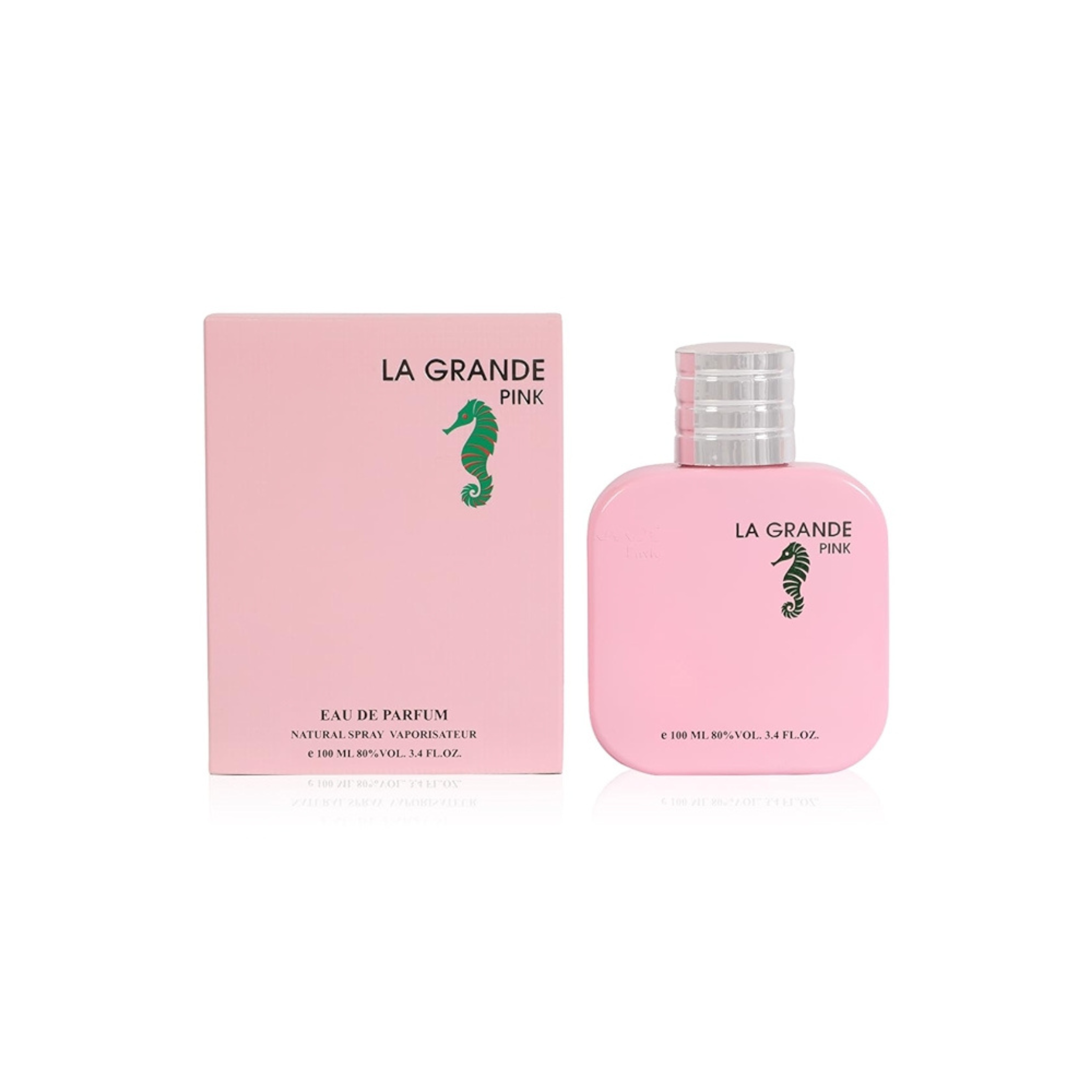 Pink perfume bottle and packaging with 'La Grande Pink' branding on a white background. This image showcases the perfume 'La grande Pink' from EBC Collection Brand.