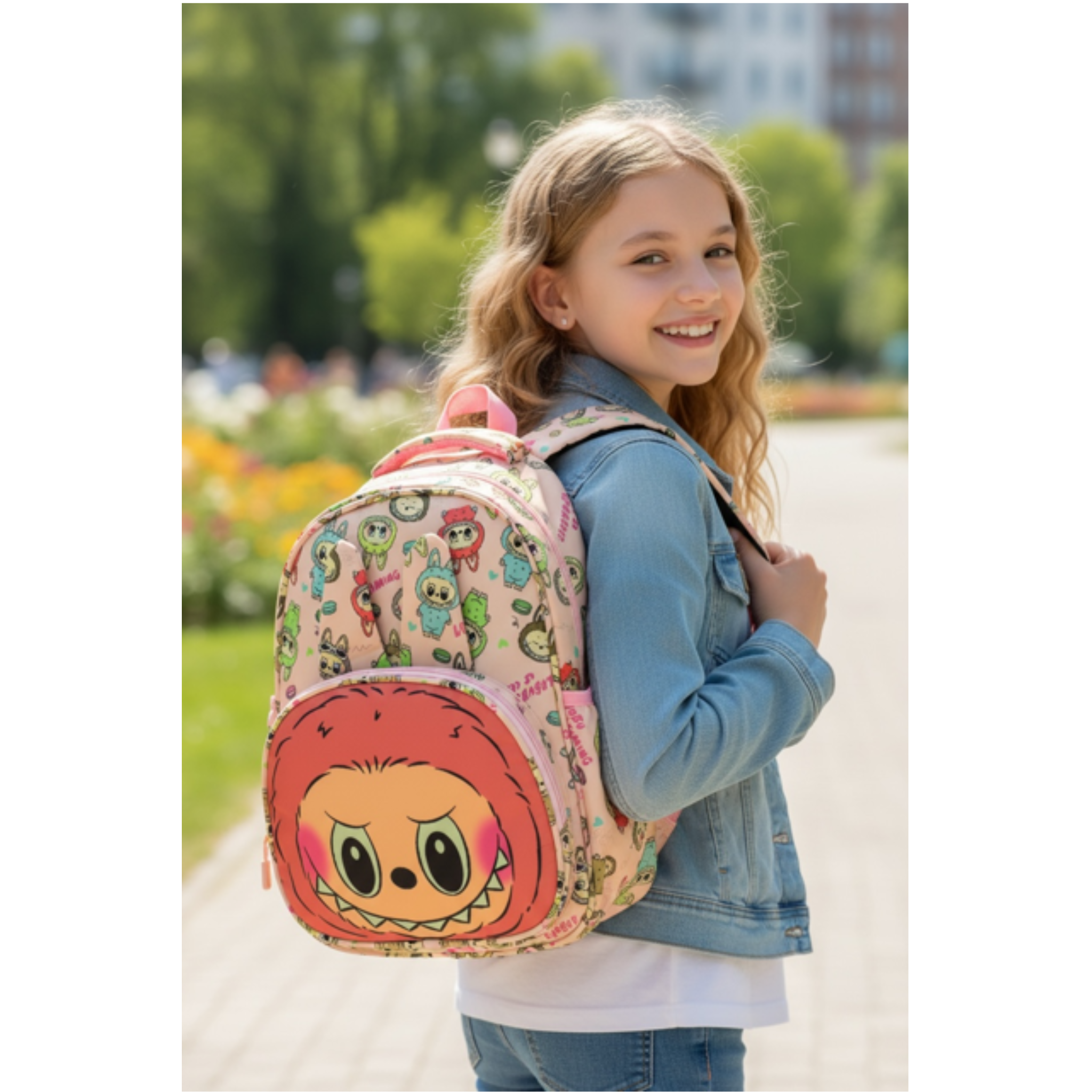Girl with a colorful backpack featuring a labubu character