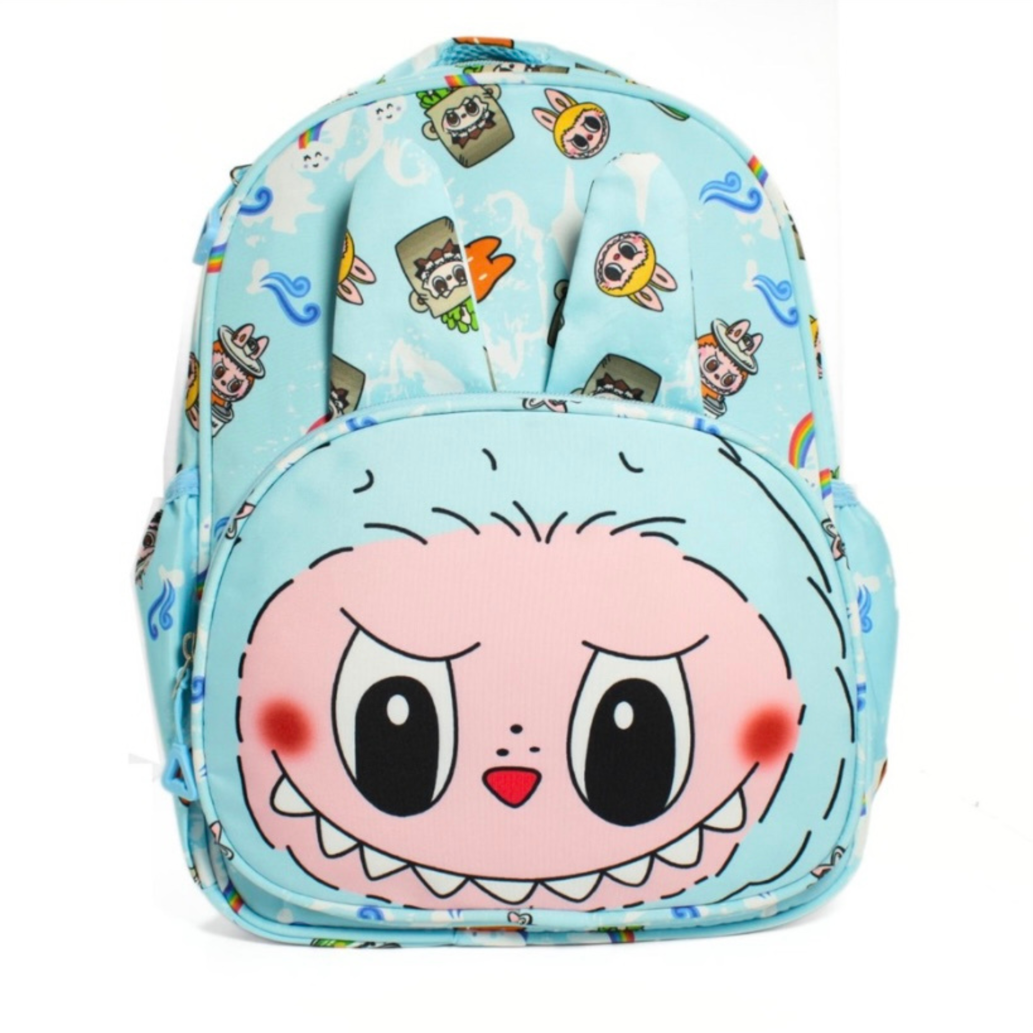 Labubu Backpack with cartoon character design on a light blue background