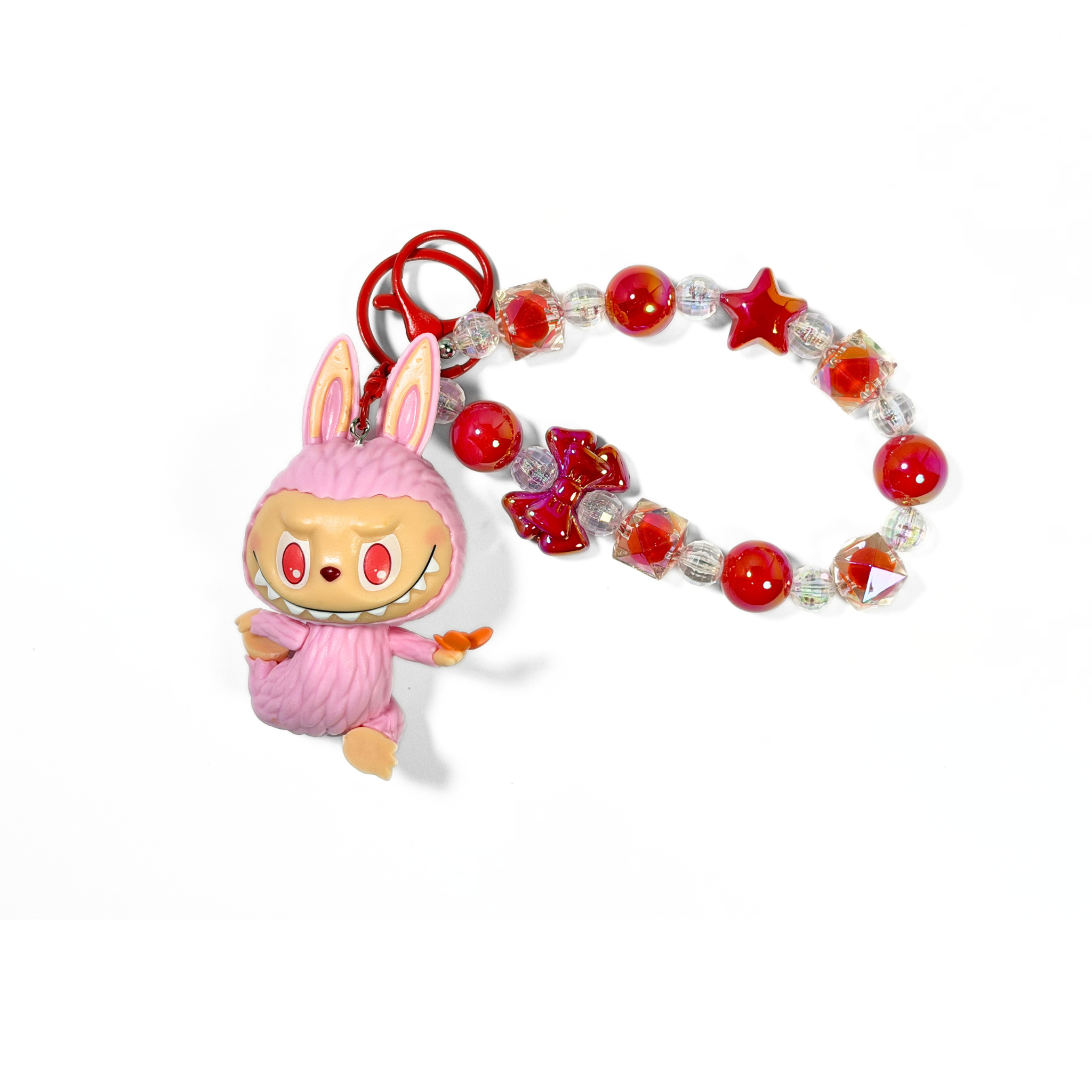 Labubu Lazy Yoga Keychain, attached to a beaded keychain with red and clear beads.