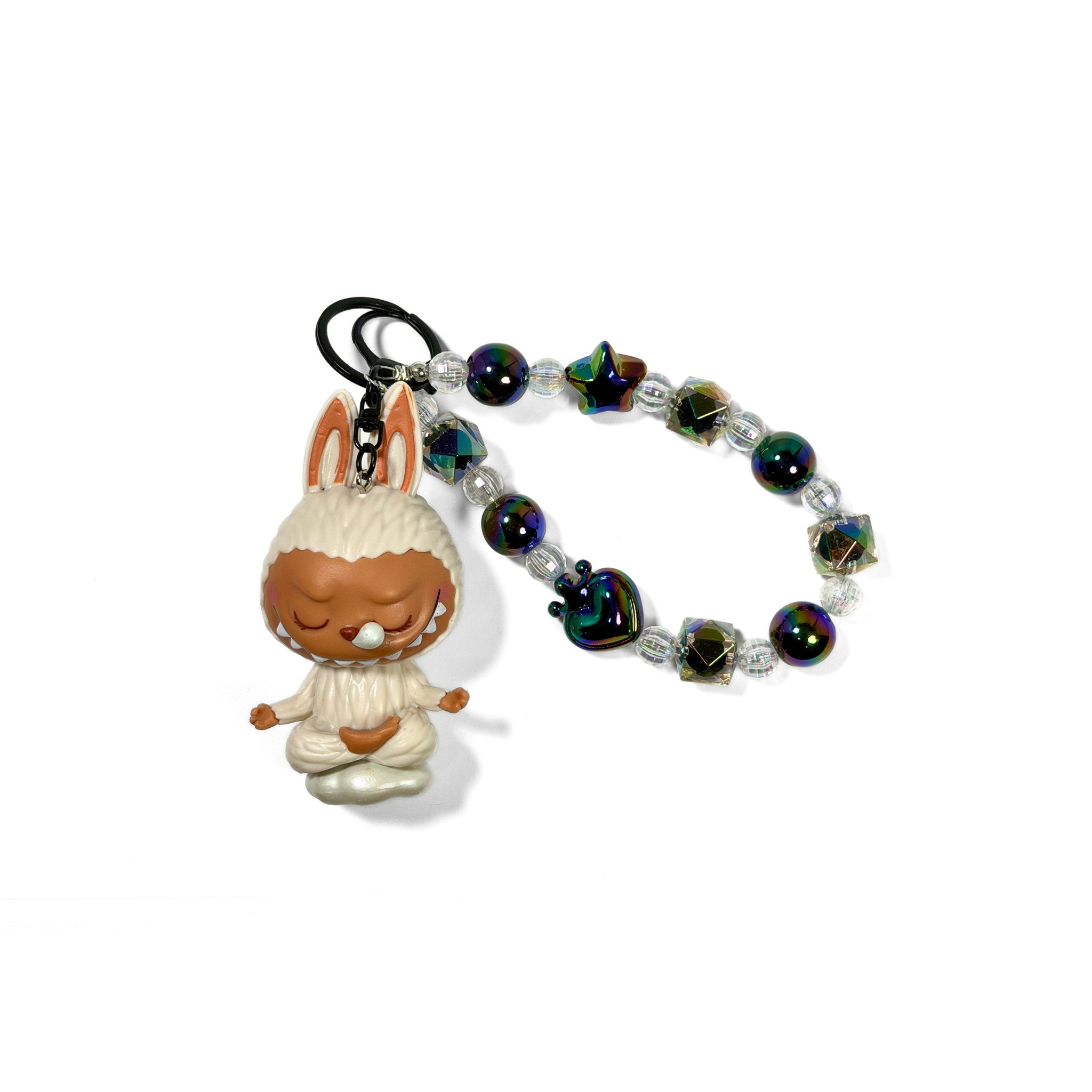 Labubu Lazy Yoga Keychain and beaded chain on a white background