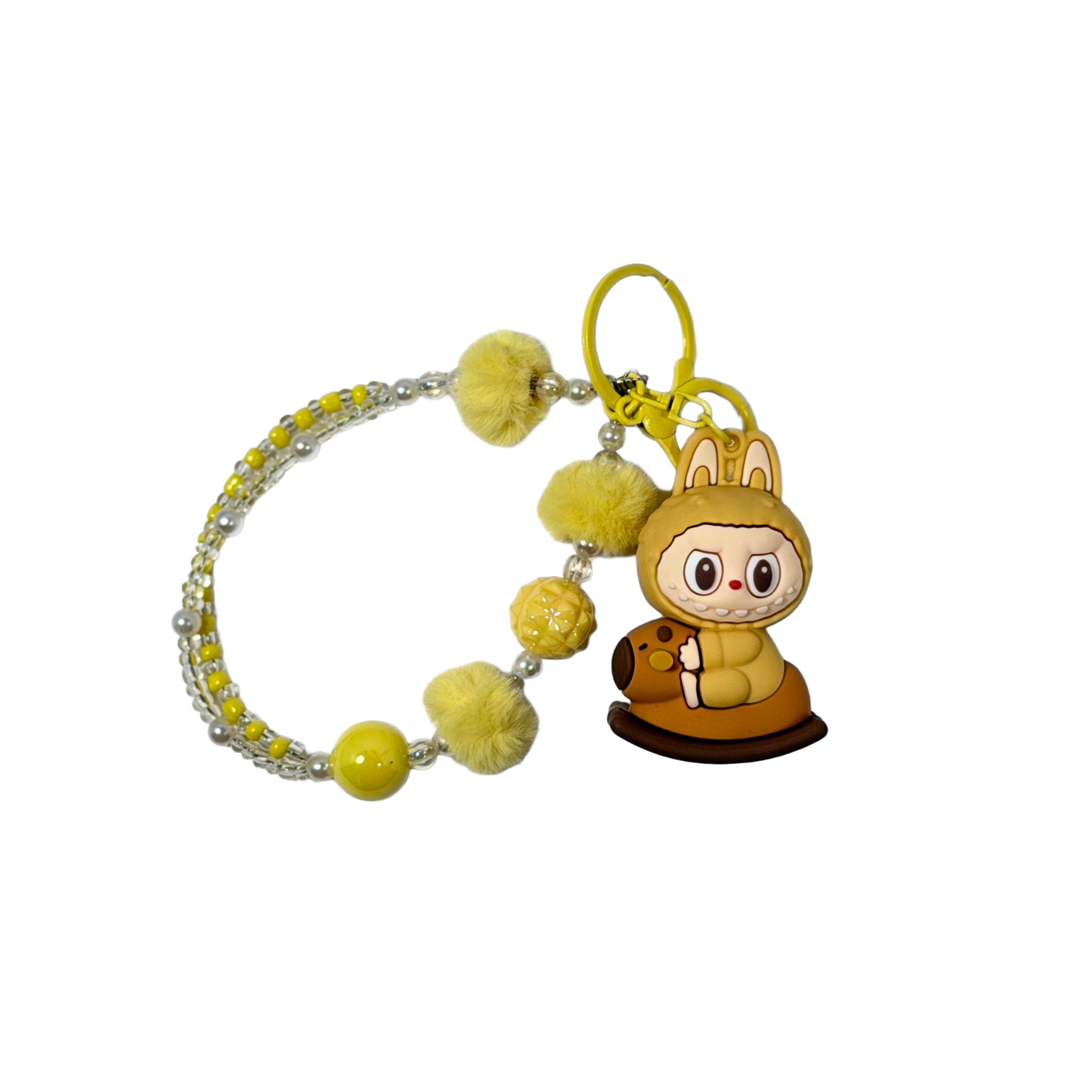Labubu Riding a Capybara Keychain with yellow beads on a white background