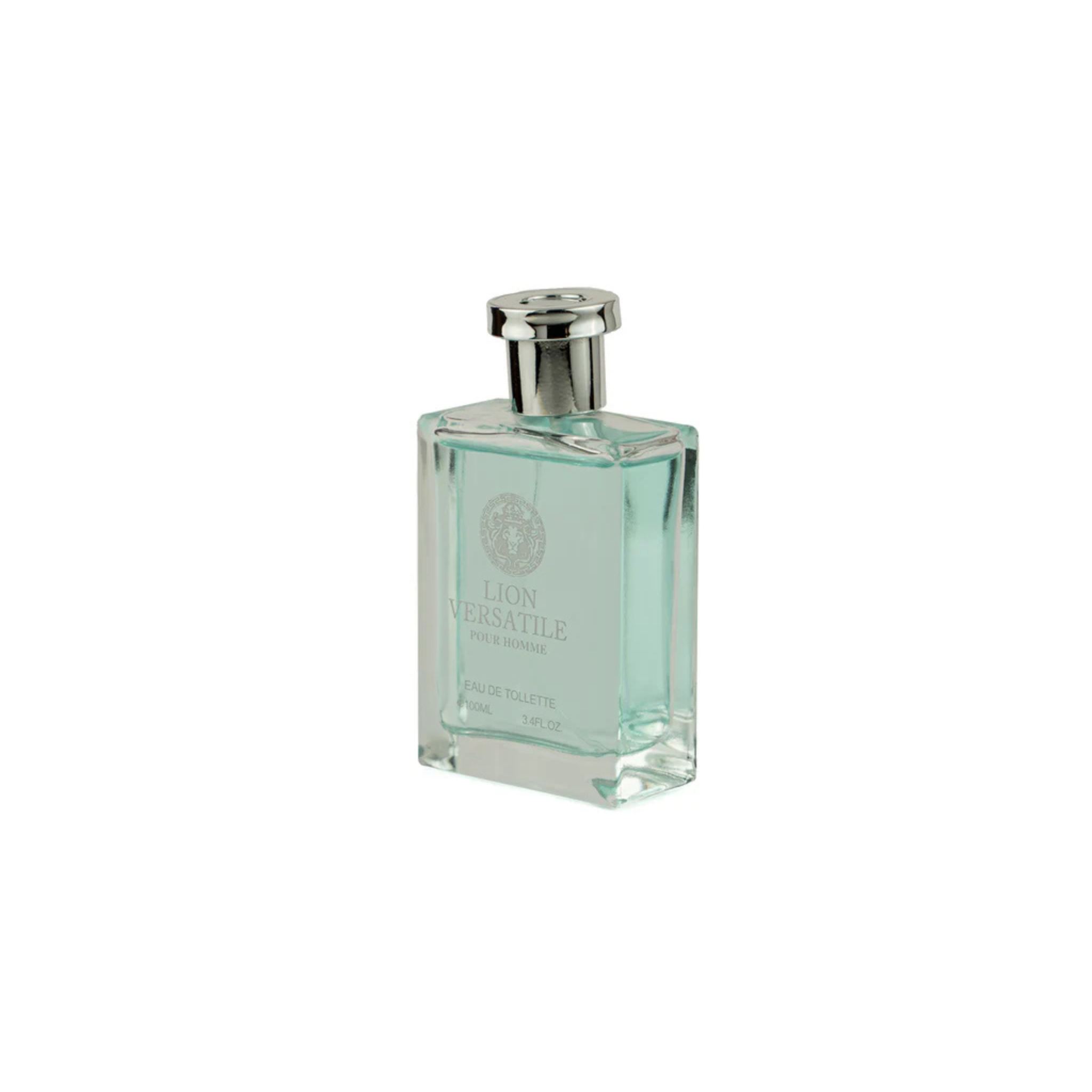 Perfume bottle with silver cap on a white background. This fragrance is Lion Versatile Pour Homme from EBC Collection 