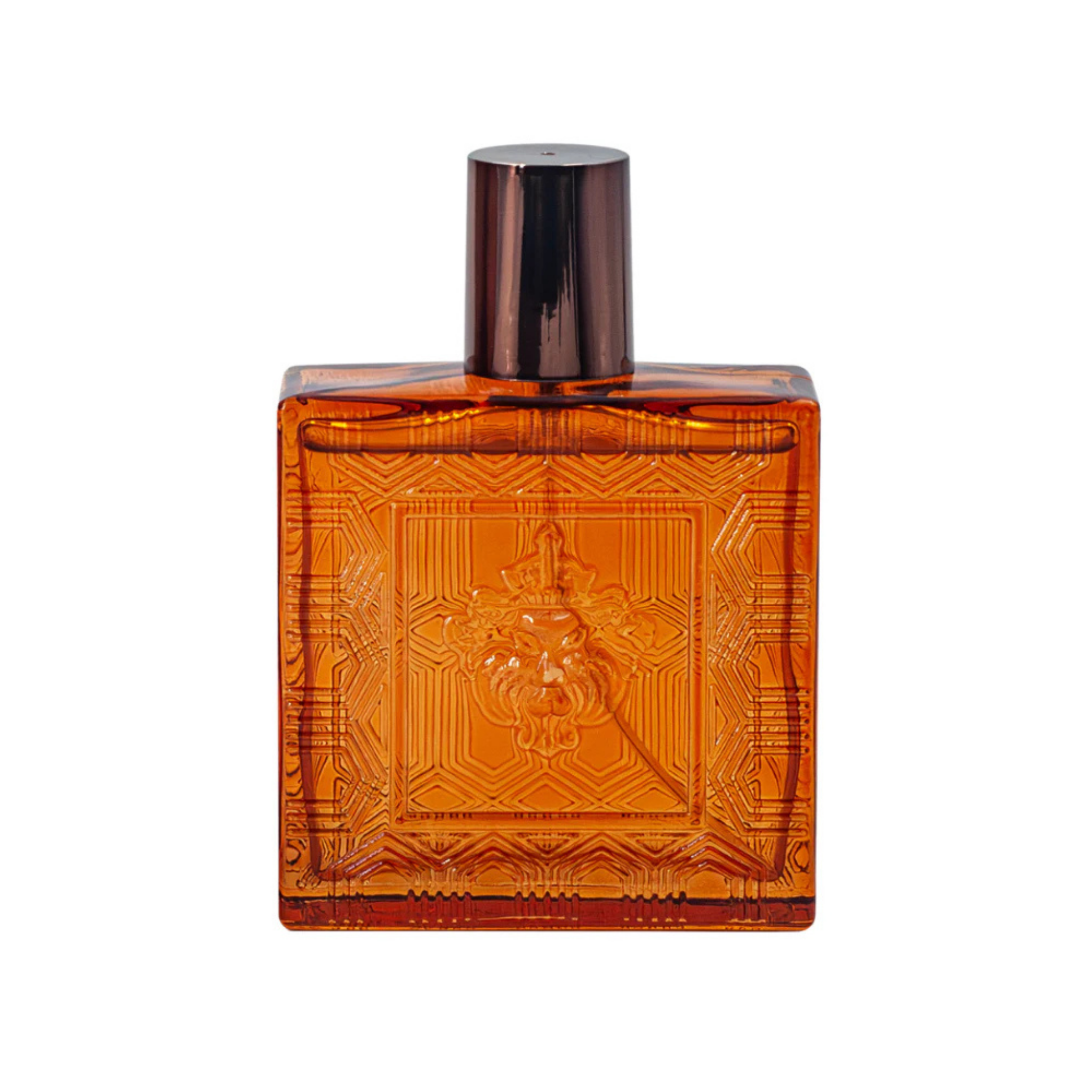 Orange glass perfume bottle with a metallic cap on a white background. This fragrance is from EBC Collection.