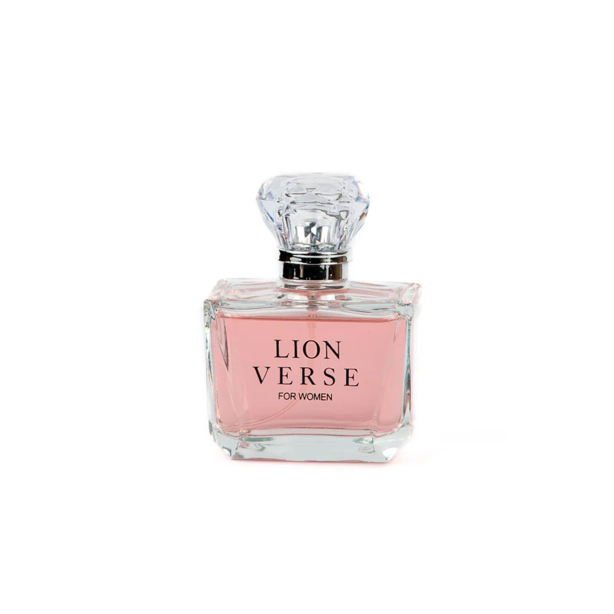 Perfume bottle with pink label and clear glass design on a white background. This fragrance is Lion Verse for Woman from EBC Collection.
