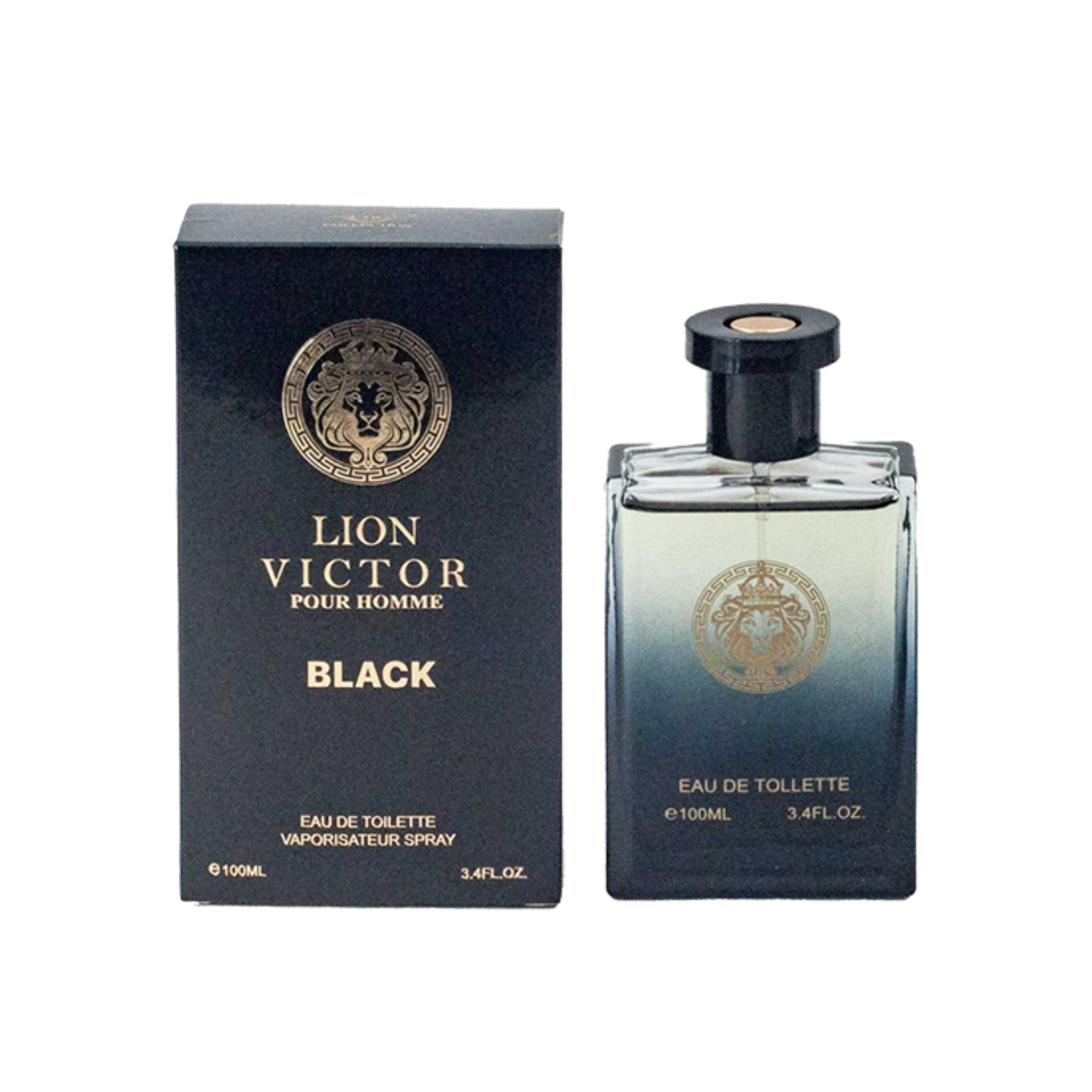 Lion Victor Pour Homme Black Eau de Toilette bottle and packaging on a white background. This fragrance is from EBC Collection. 