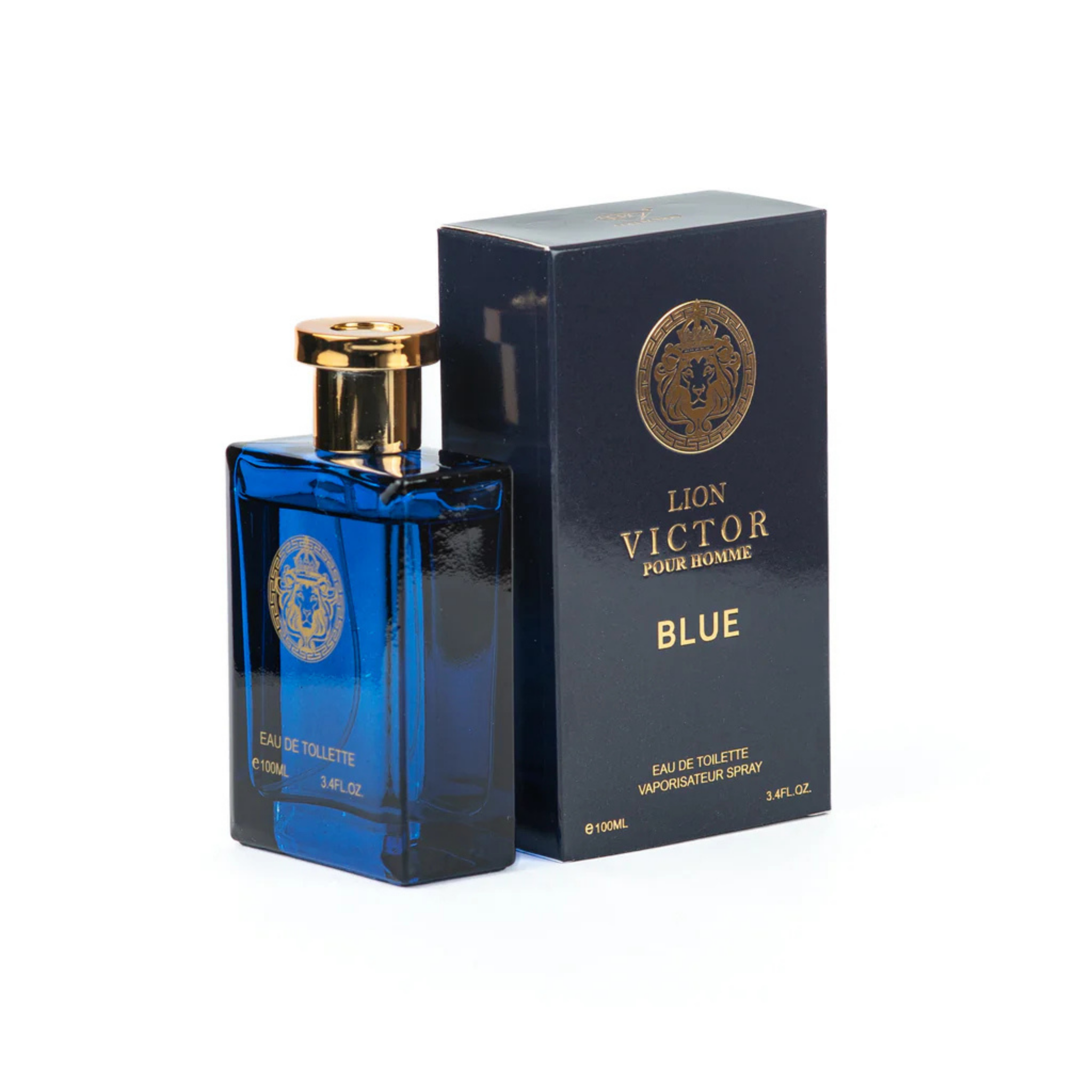 Lion Victor Pour Homme Blue perfume bottle with gold cap and Lion Victor packaging on a white background. This fragrance is from EBC Collection.