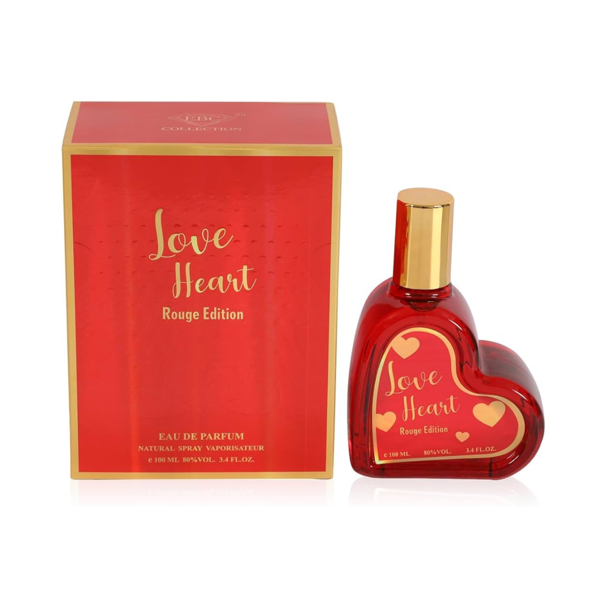 Red heart-shaped perfume bottle with matching box on a white background. This fragrance is from EBC Collection