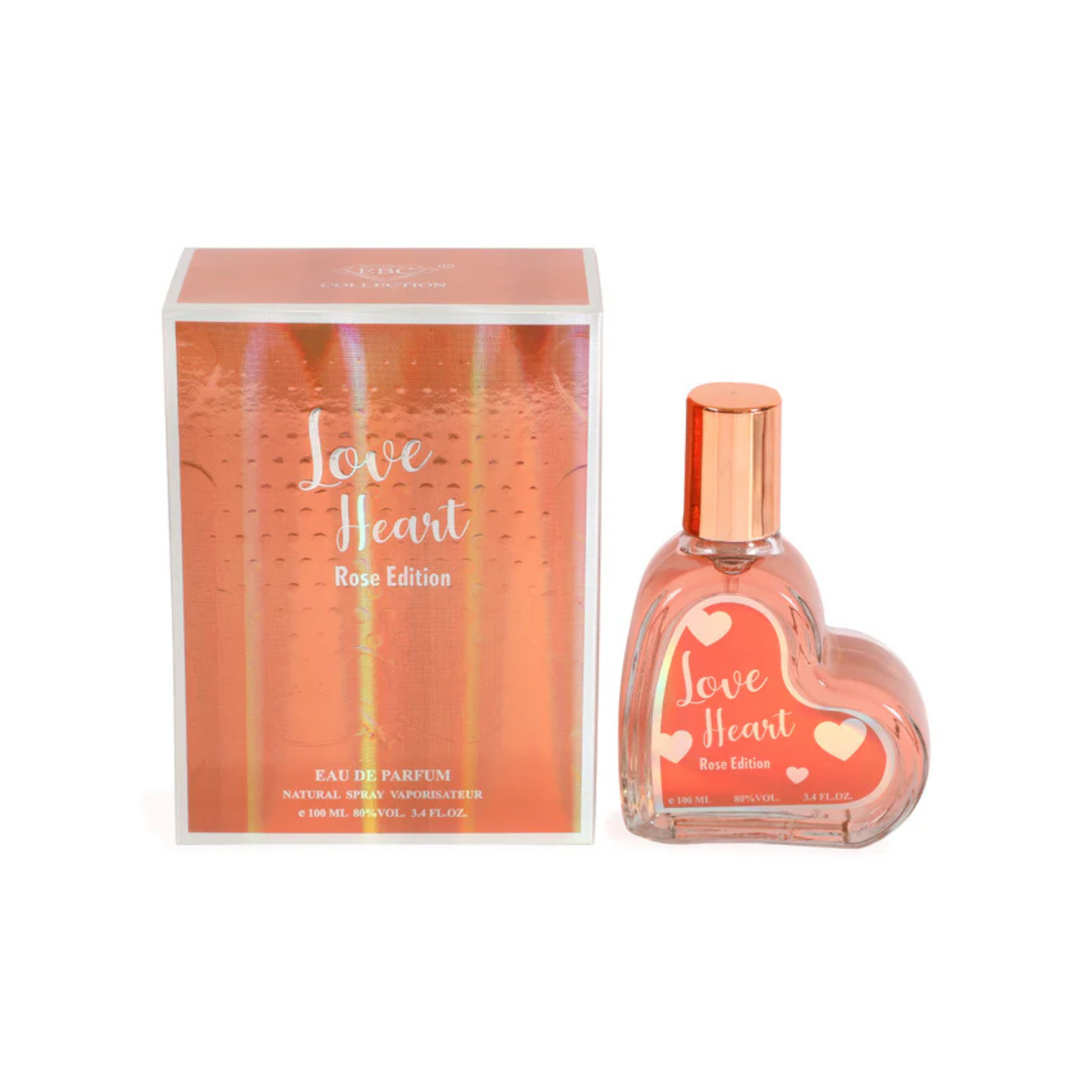 Heart-shaped perfume bottle with 'Love Heart' packaging on a white background. This fragrance is from EBC Collection. 