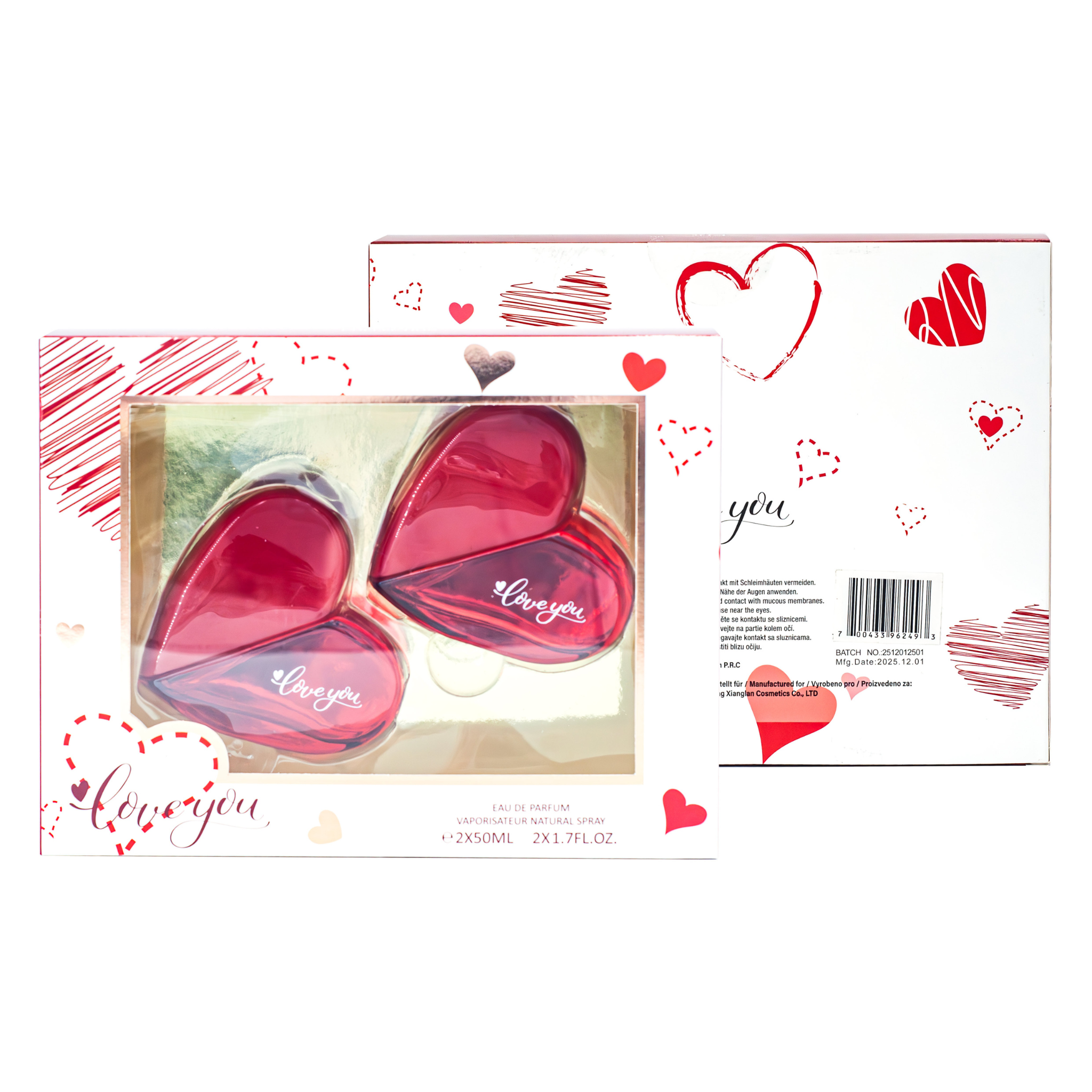 EBC Collection fragrance gift set, Heart-shaped product packaging with 'I love you' text on a white background