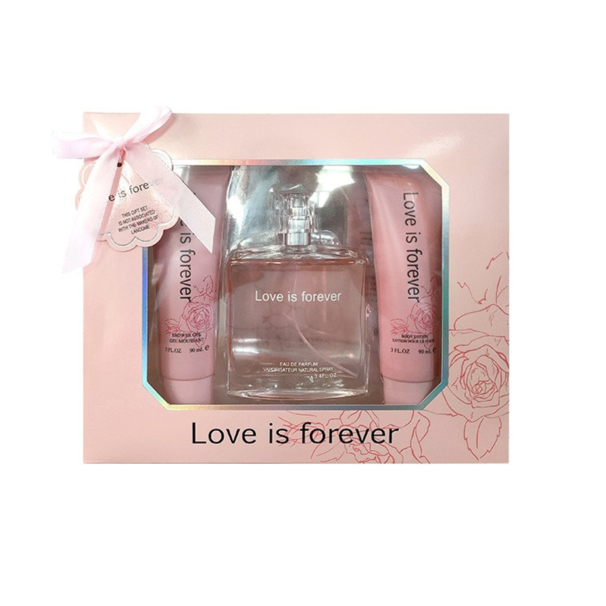 Perfume set with 'Love is forever' text in a pink box on a white background.This fragrance set is 'love is forever' from EBC Collection Brand.