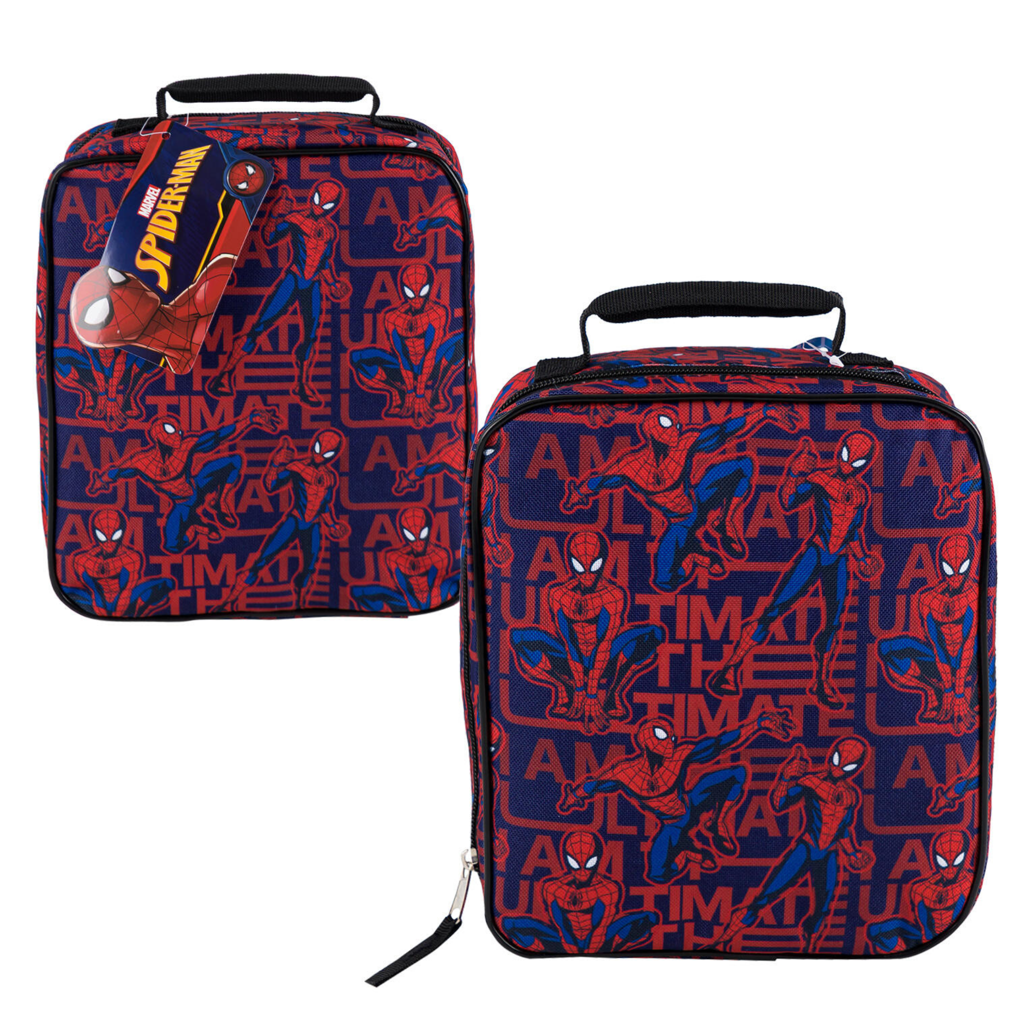 Two Spider-Man insulated lunch bags on a white background