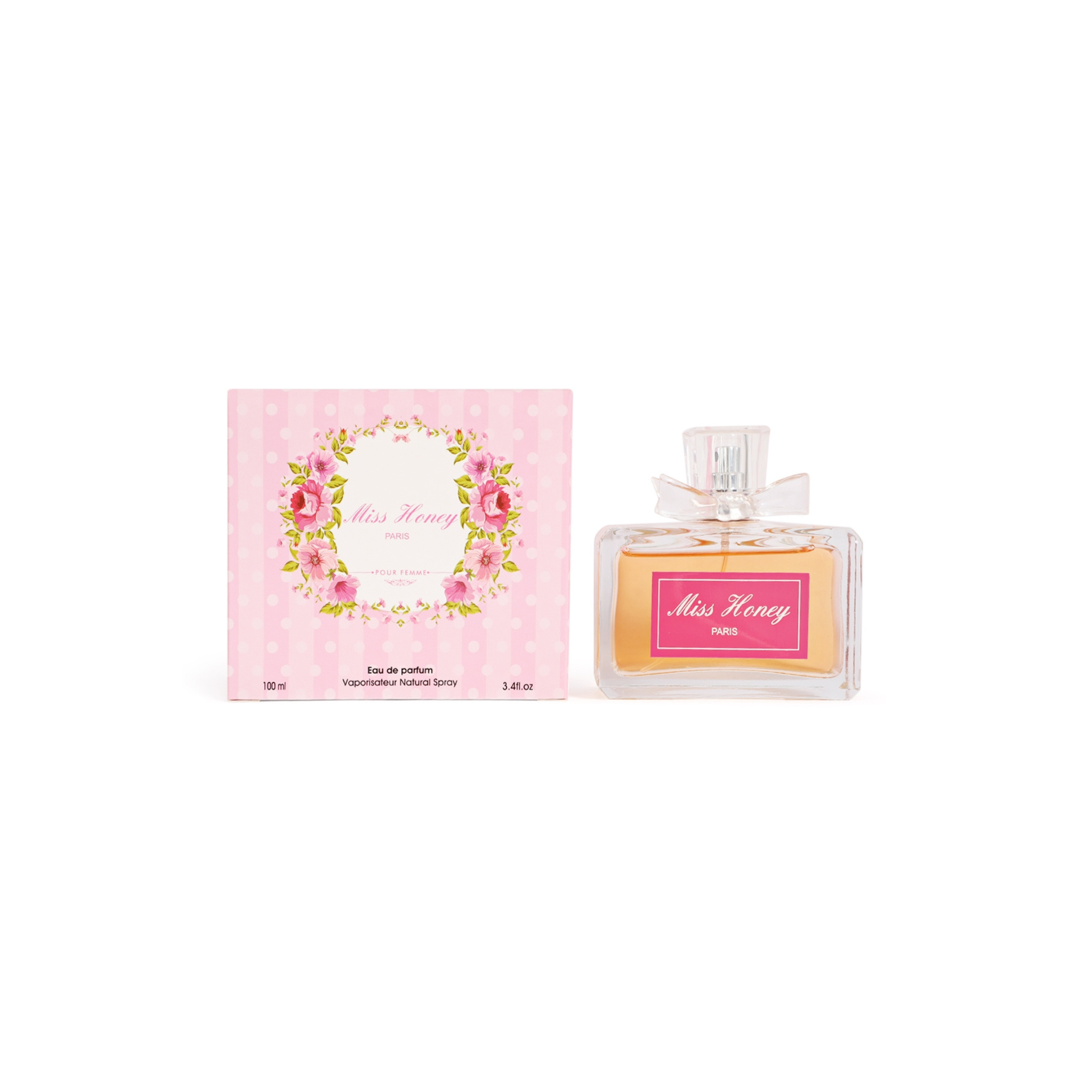 Miss Honey perfume bottle and packaging on a white background. Fragrance from Secret Plus Brand.