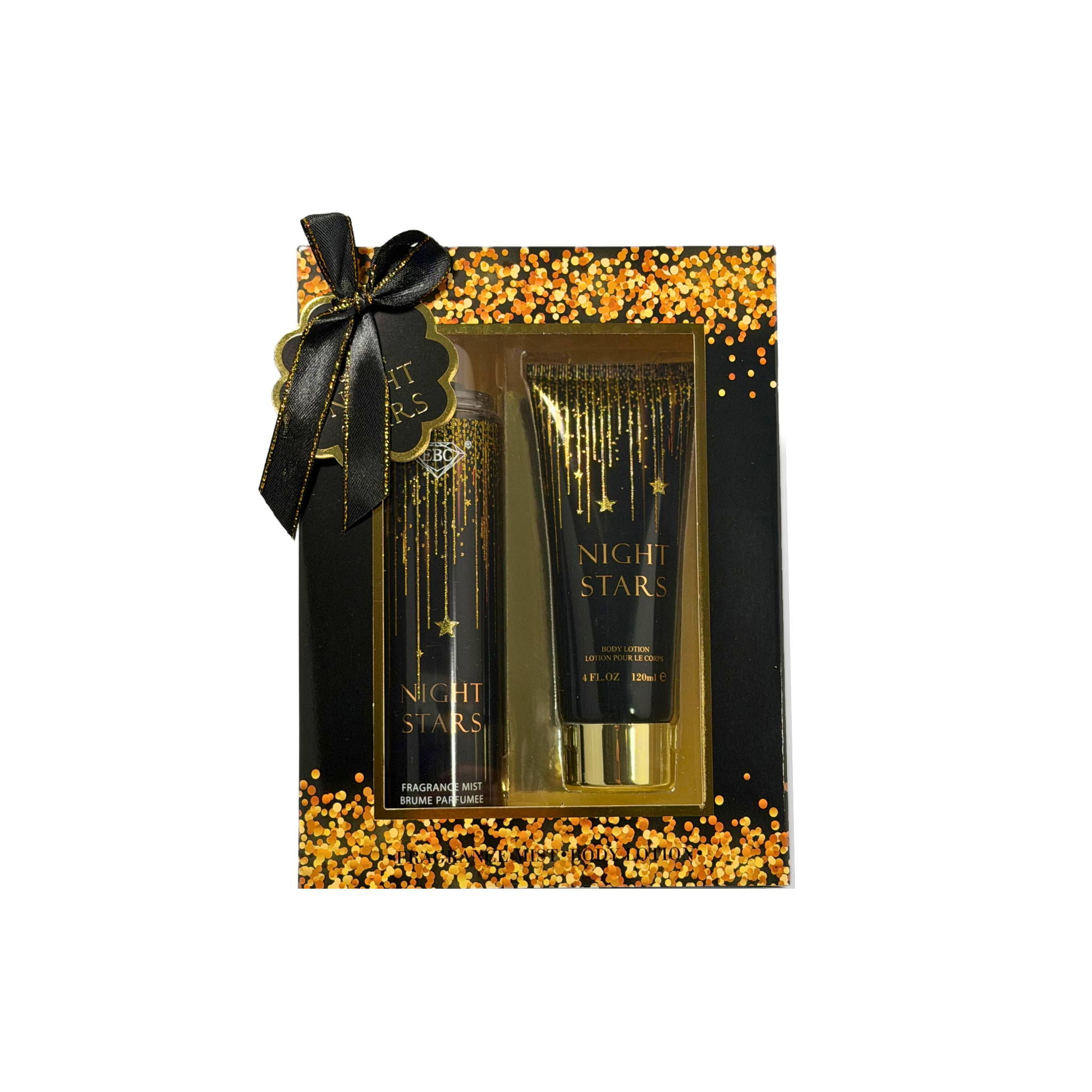 Gift set with 'Night Stars' product in a decorative box with gold confetti and black ribbon. This product is from EBC Collection.