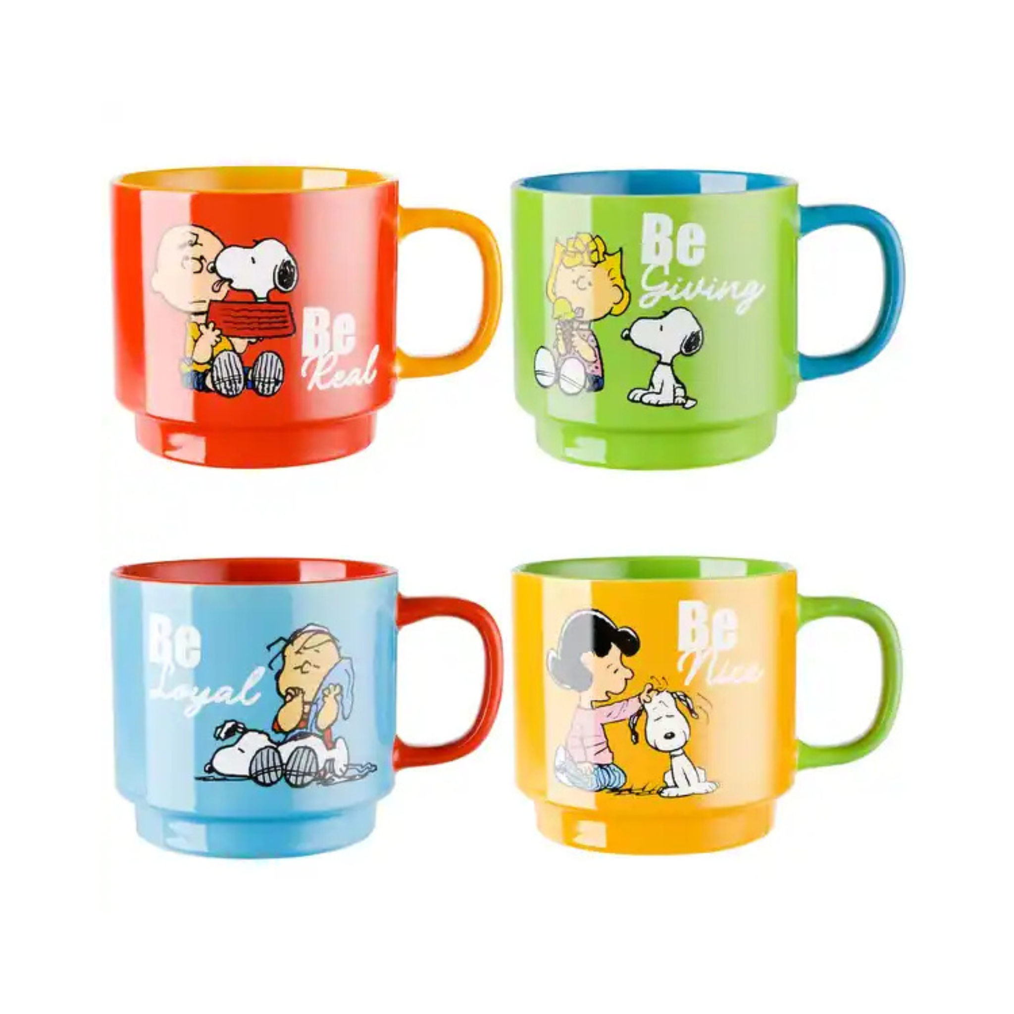 Four colorful mugs with cartoon characters and text on a white background