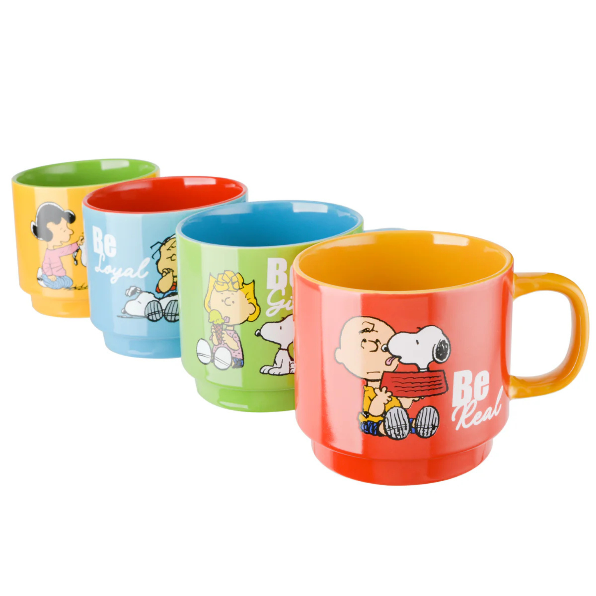 Set of colorful mugs with cartoon characters on a white background