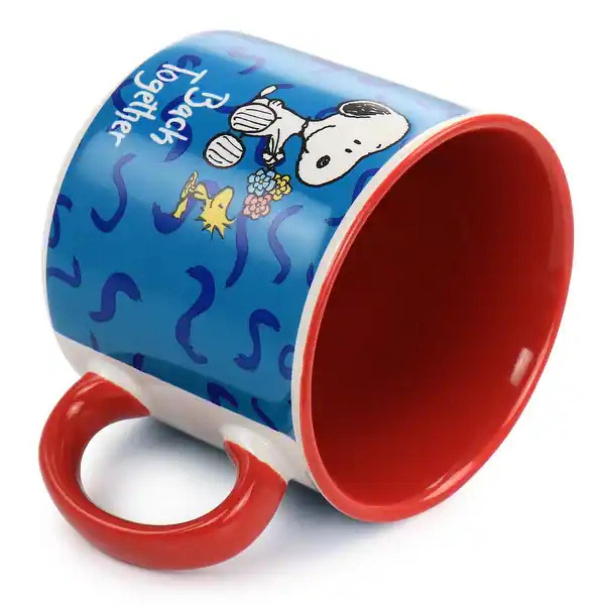 Colorful mug with cartoon characters on a blue background