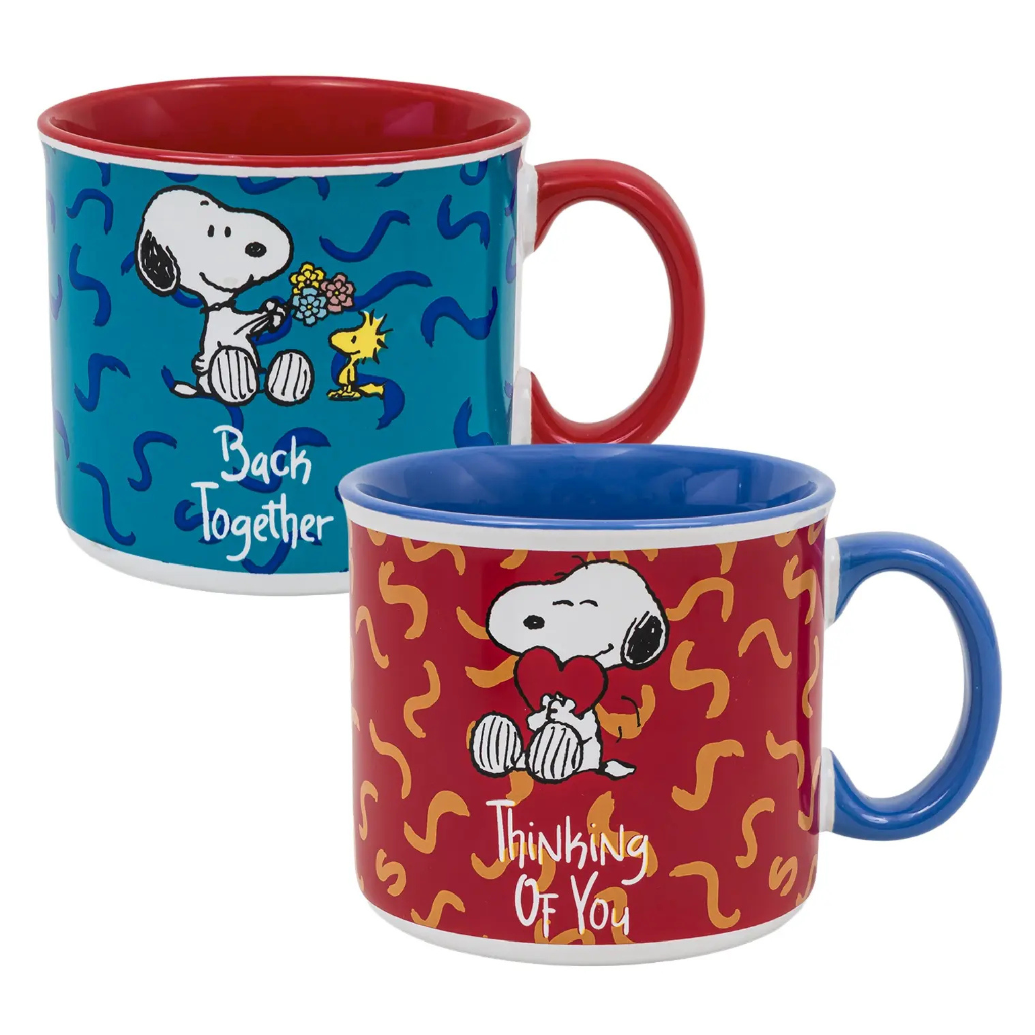 Two mugs with Snoopy and Woodstock designs on a white background