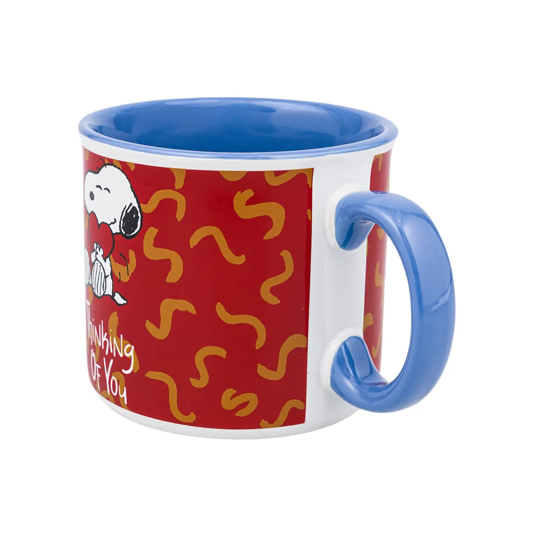 Mug with red pattern, blue handle, and white interior on a white background