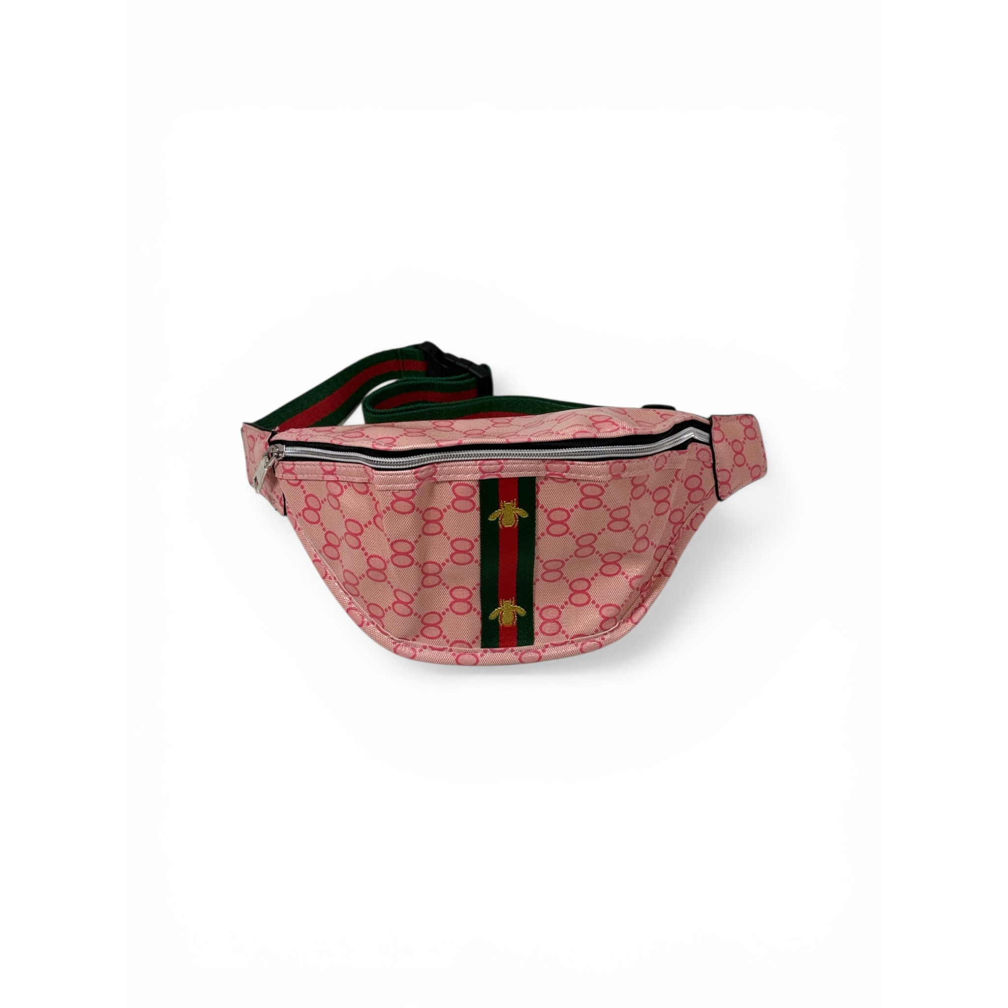 Pink fanny pack with bee logo over red and green stripes on a white background
