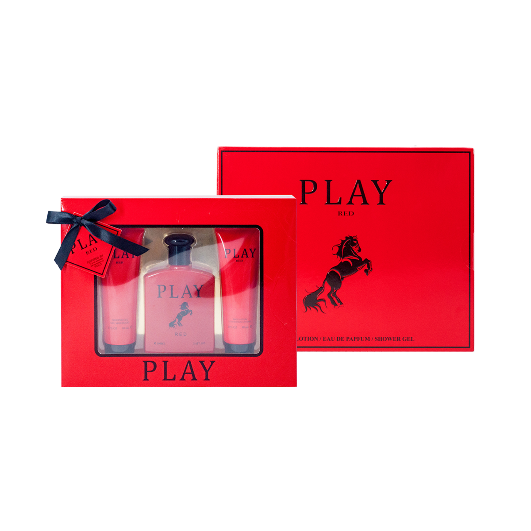 Red 'PLAY' perfume set with bottles and packaging on a white background. This fragrance is from EBC Collection. 