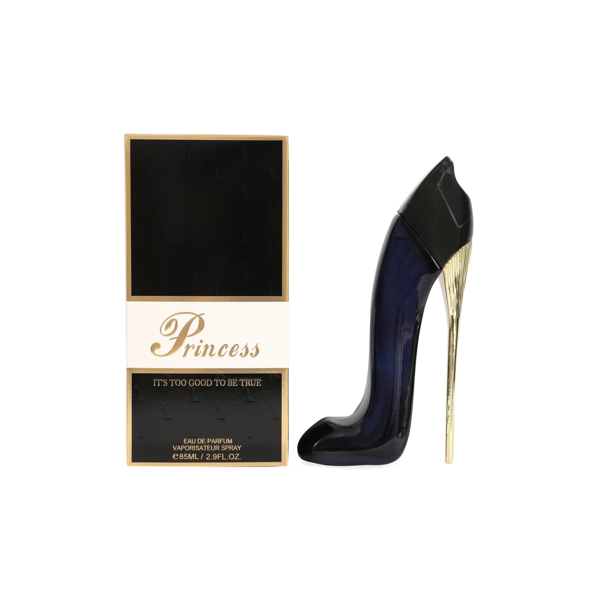 EBC Collection princess high heel black, Black high-heeled shoe-shaped perfume bottle with gold accents next to its packaging on a white background