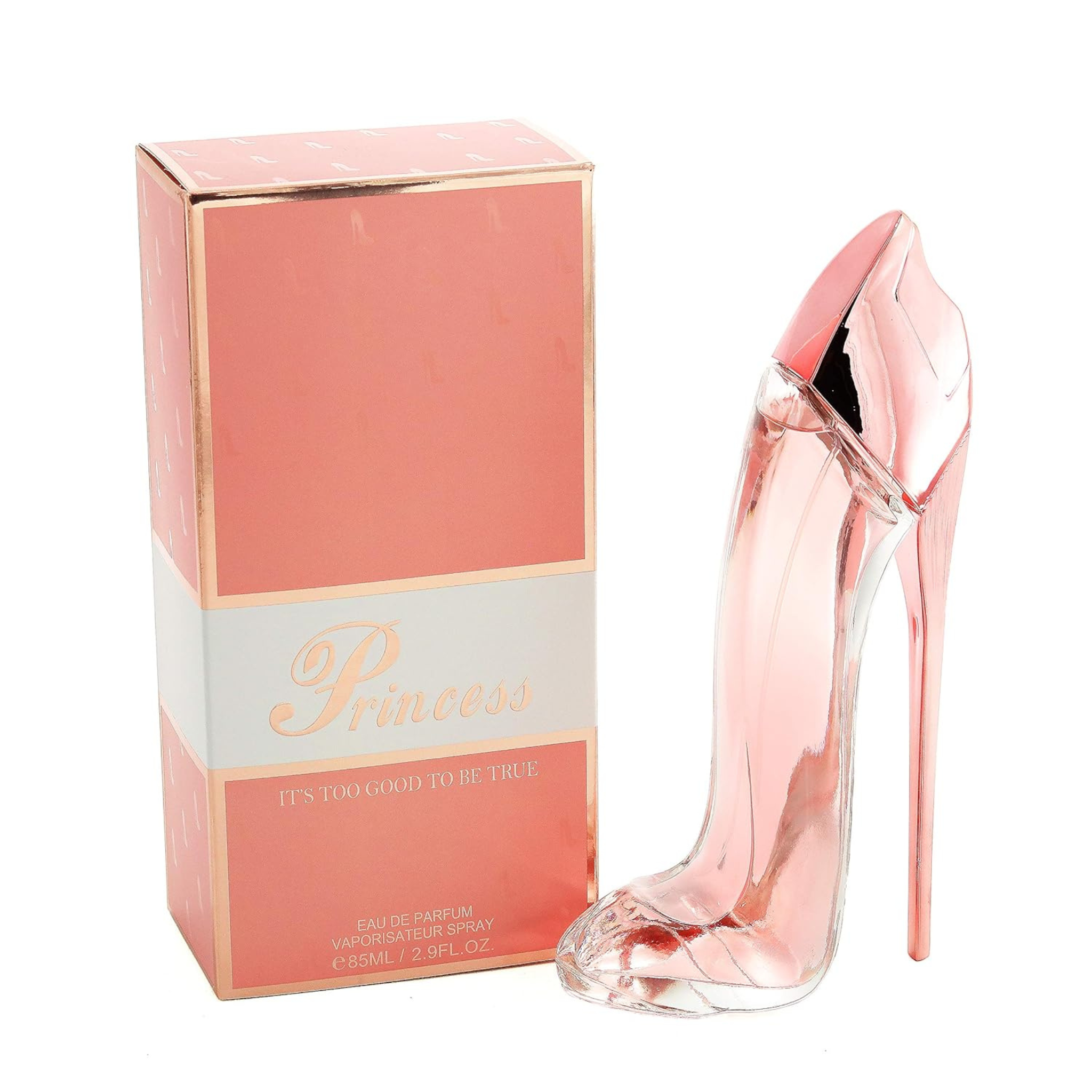 Princess High Heel Pink from EBC Collection. This image shoes the bottle with matching box on a white background part of EBC Perfume Collection.