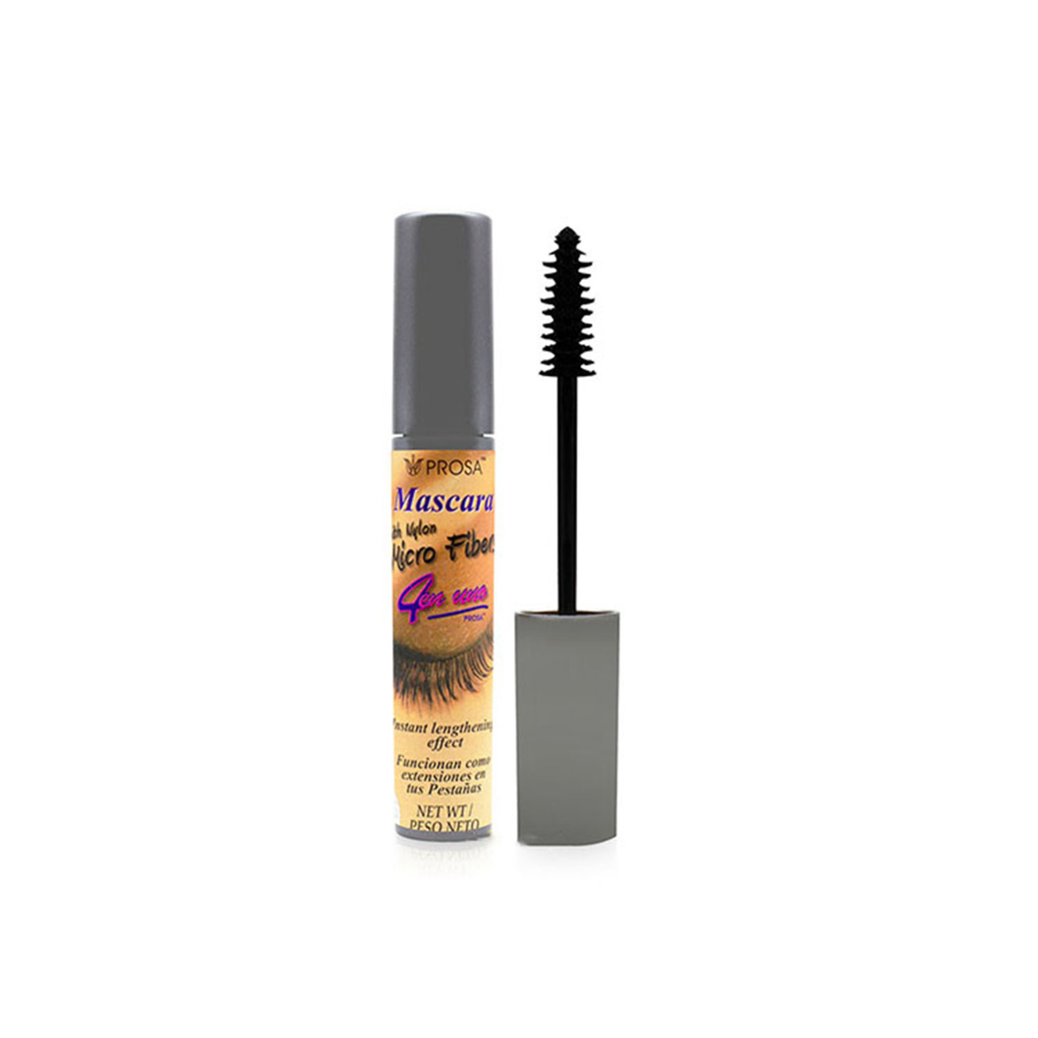 Prosa Mascara Micro Fiber bottle with its brush next to it on a white background