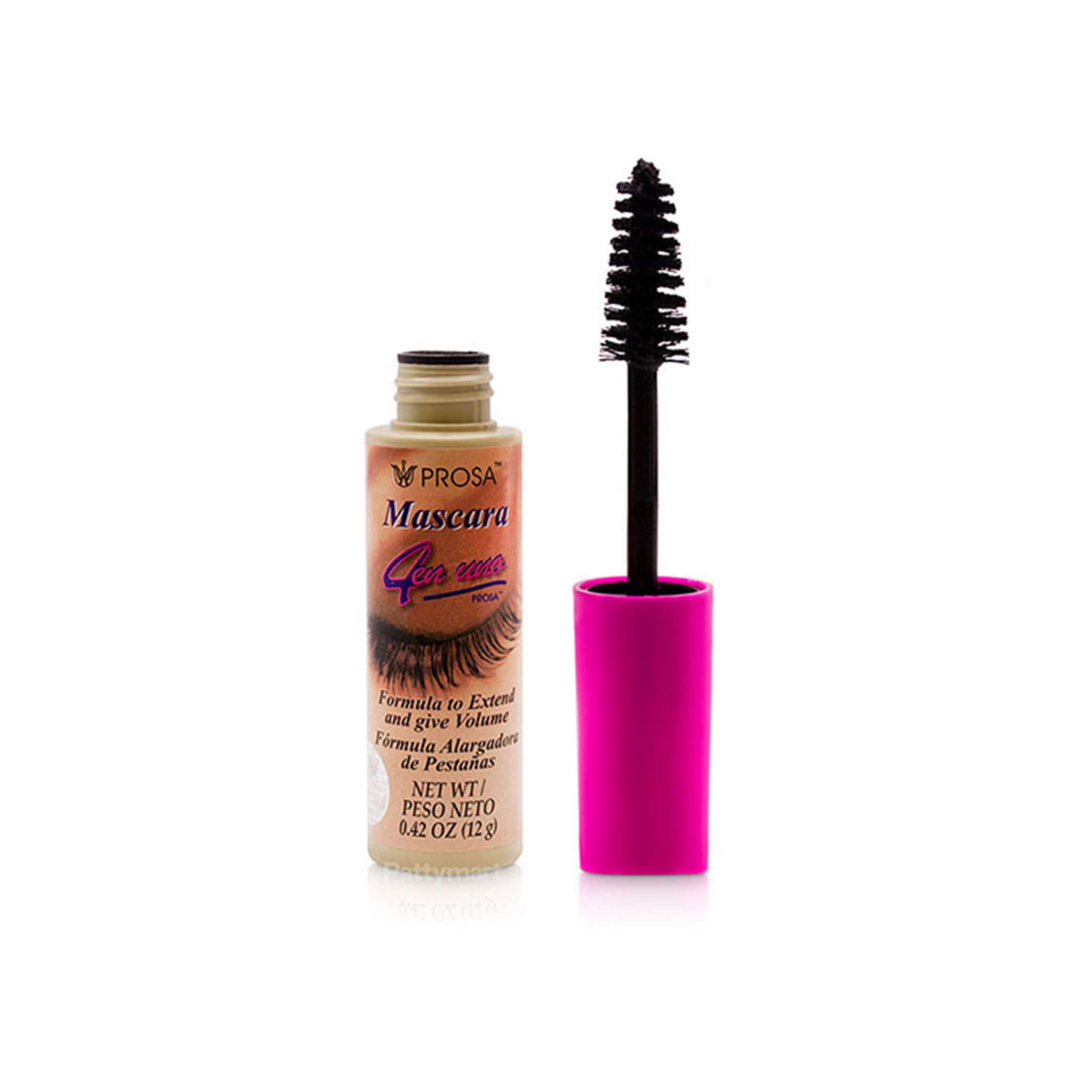 Prosa Mascara classico 4 en uno bottle with pink casing and black brush on white background