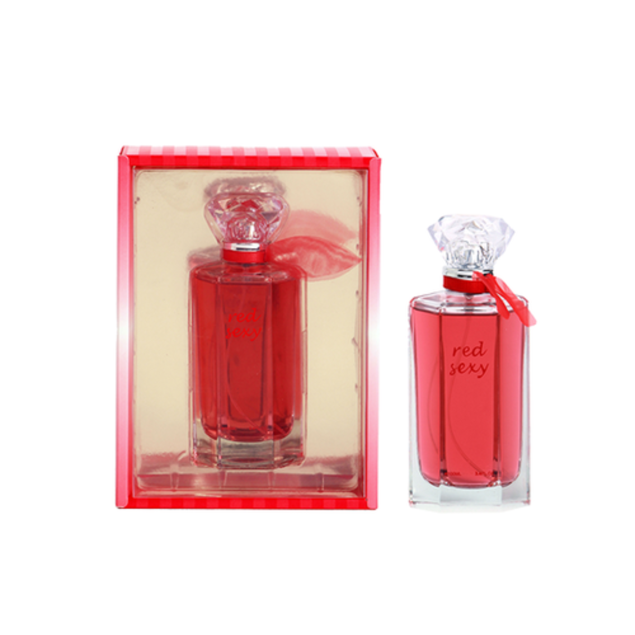 Red perfume bottle with 'red sexy' text and matching packaging on a white background.  This fragrance is from EBC Collection.