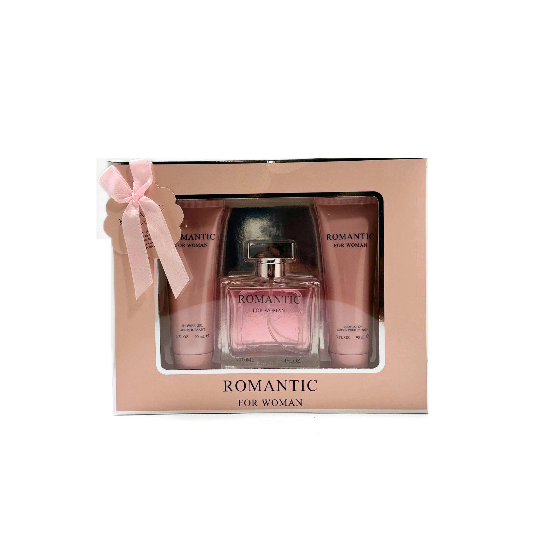 Perfume set with 'Romantic for Woman' packaging on a white background. This gift set is from EBC Collection. 