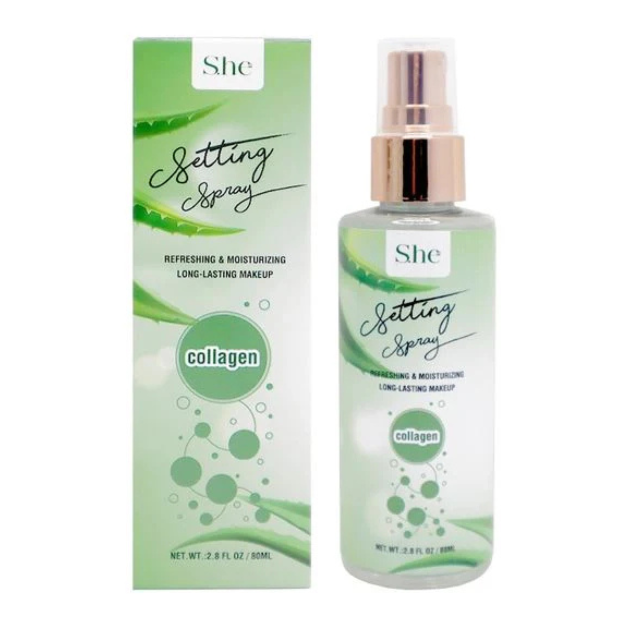 S.he setting spray with collagen. Green packaging on a white background