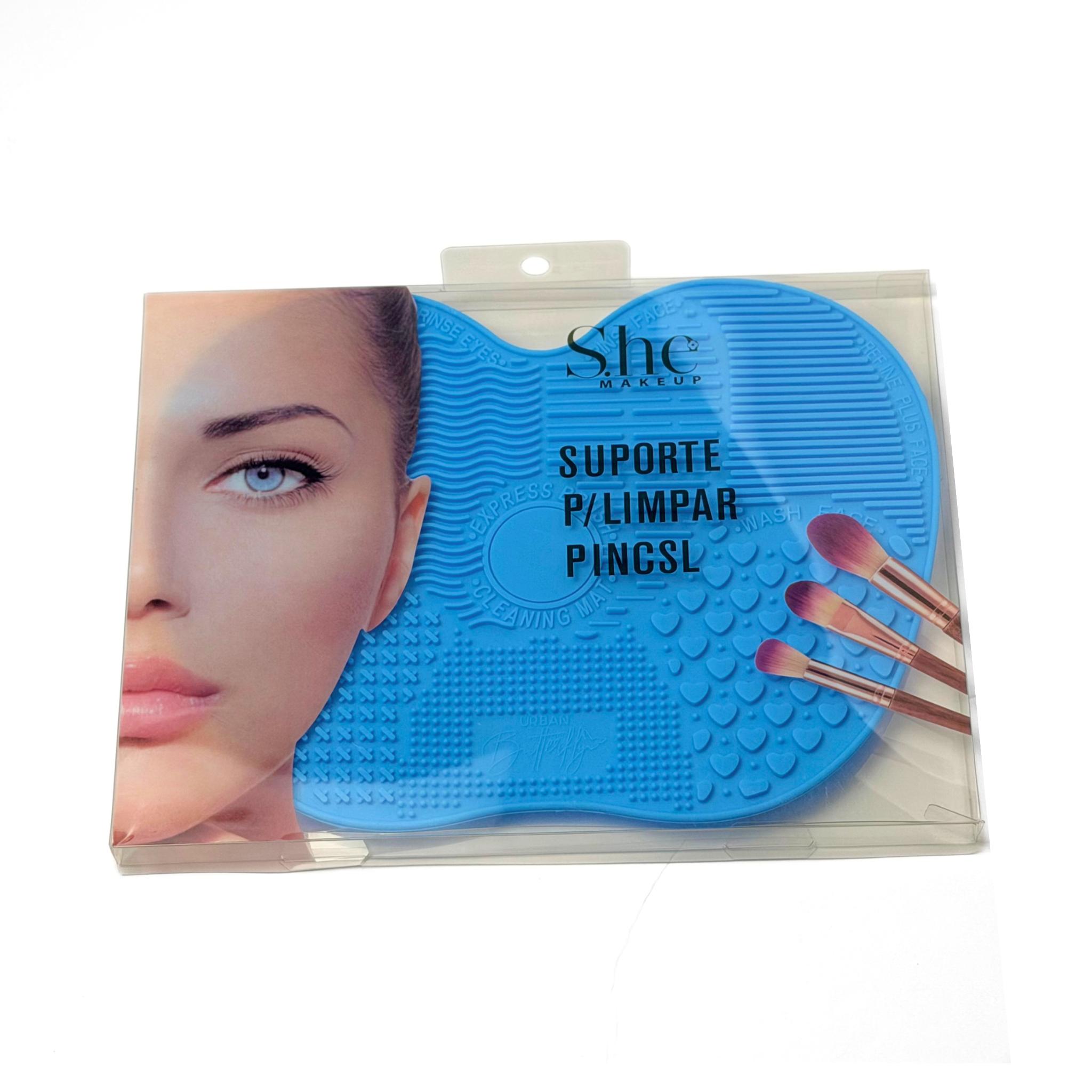 She makeup brand Blue makeup brush cleaning pad on a white background.