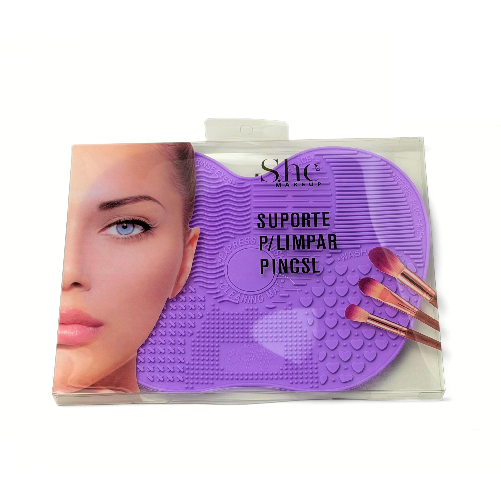 She Makeup Brand Purple makeup brush cleaning mat on a white background