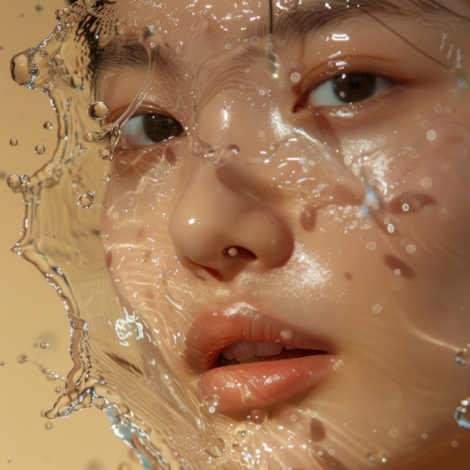 Close-up of a person's face with water droplets and bubbles. This image showcases a persons' skincare and how well it is taken care of. 