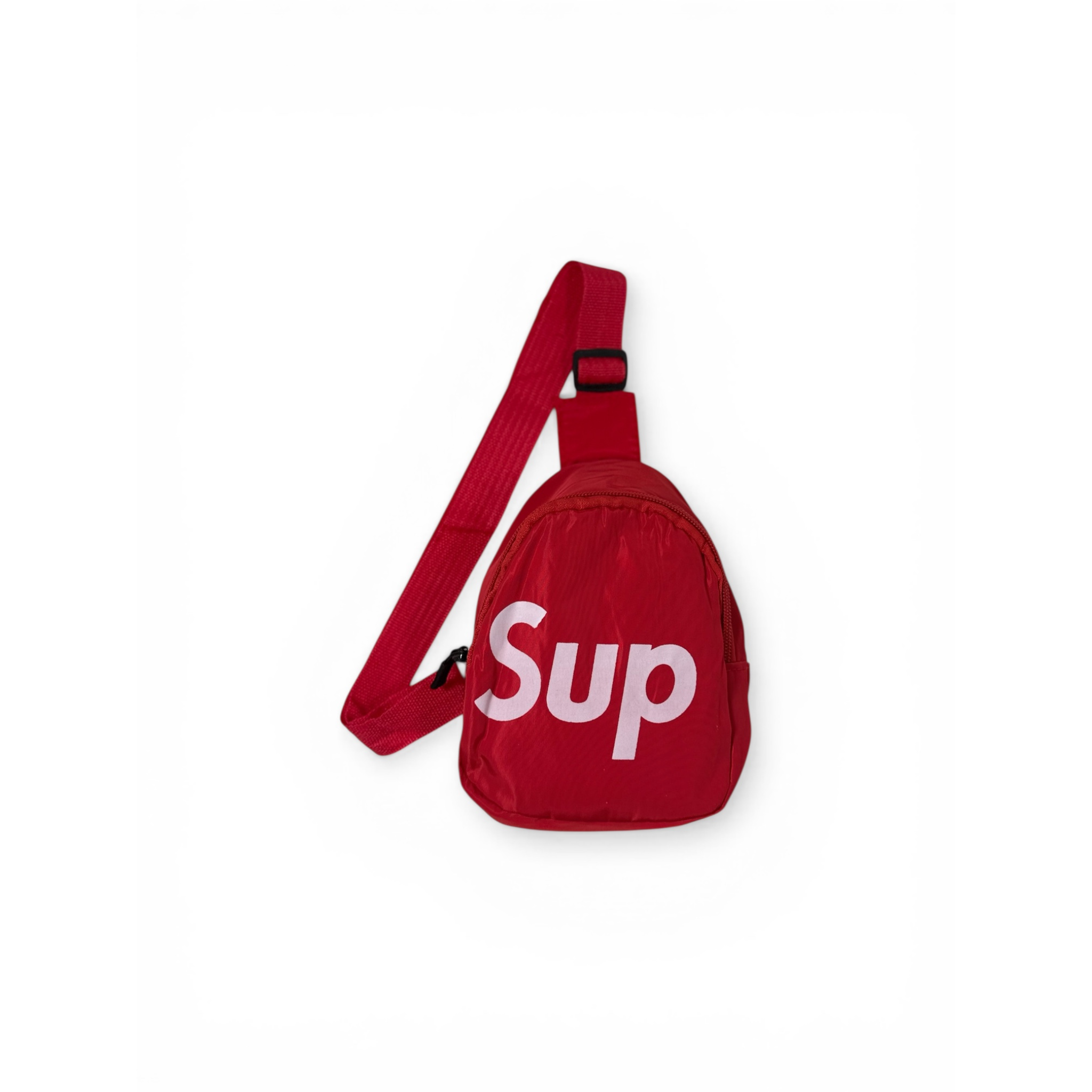 Red Sling bag with 'Sup' text on a white background