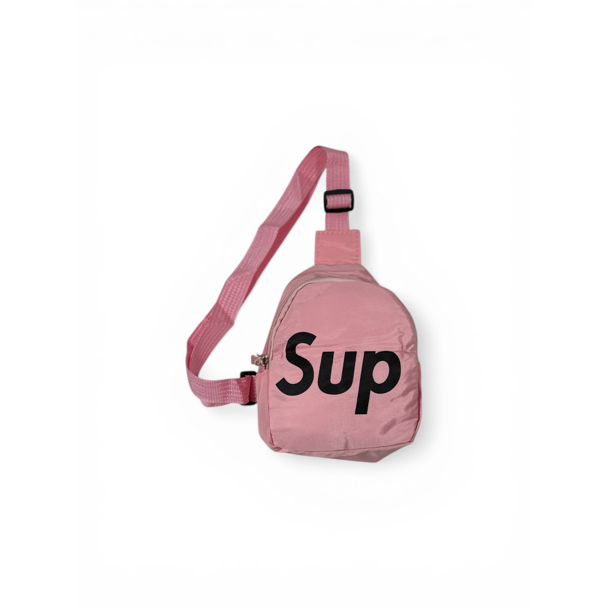 Pink crossbody bag with 'Sup' text on a white background