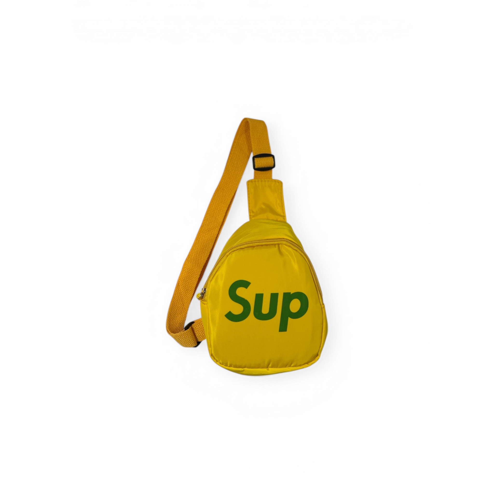Yellow sling bag with 'Sup' text on a white background