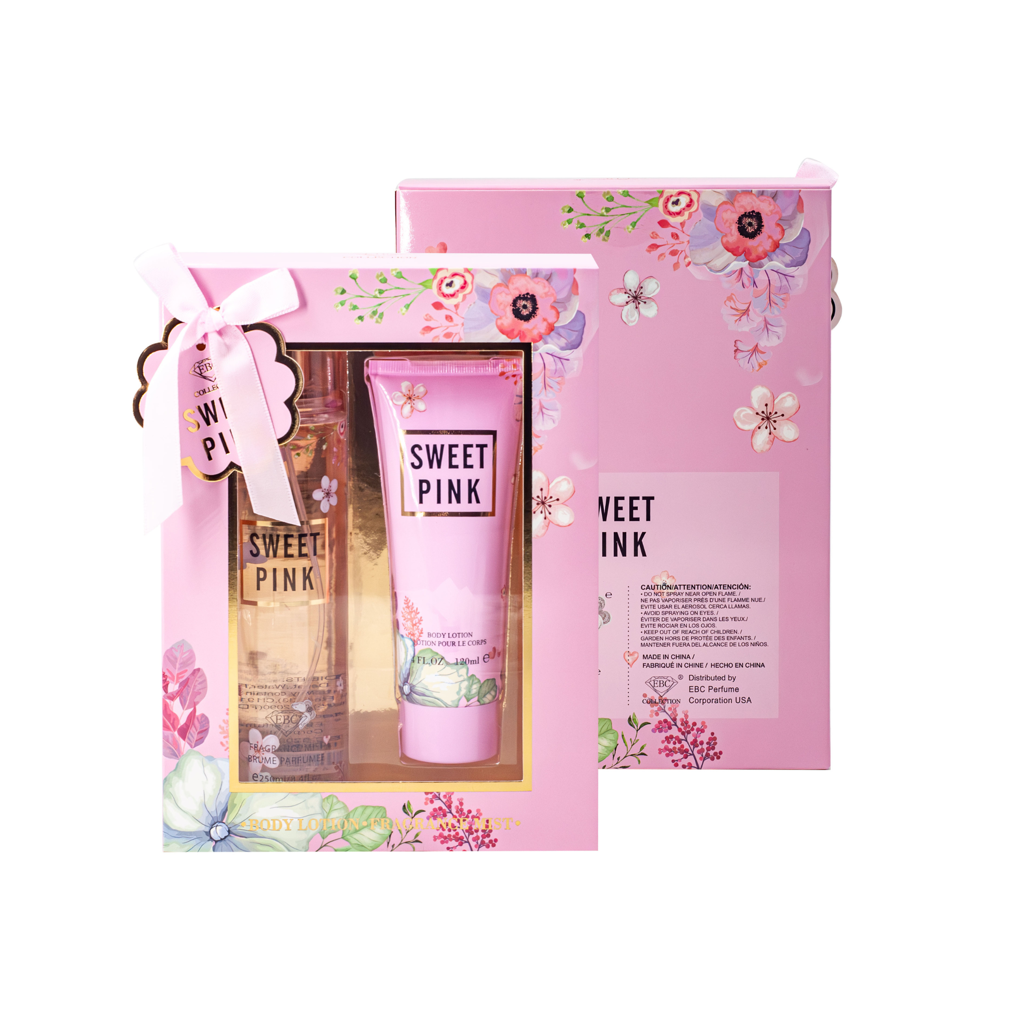 Sweet Pink gift set with floral design on packaging on white background. This product is from EBC Collection