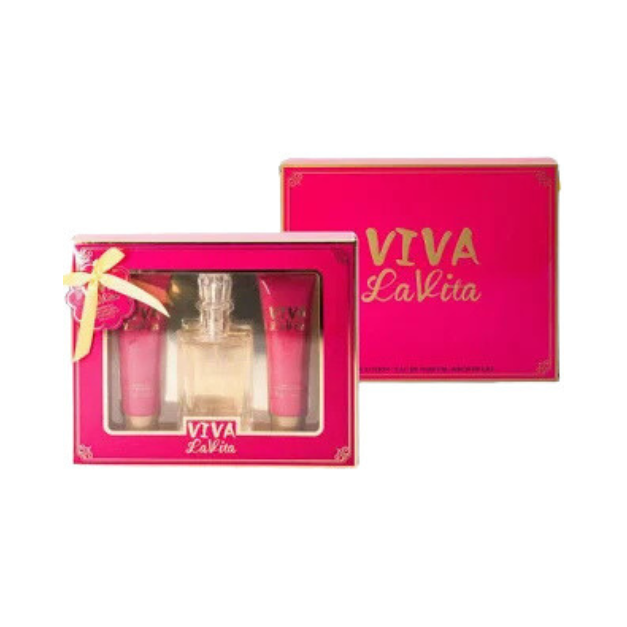Viva La Vita perfume set with pink packaging on a white background. This gift set is from ebc collection.