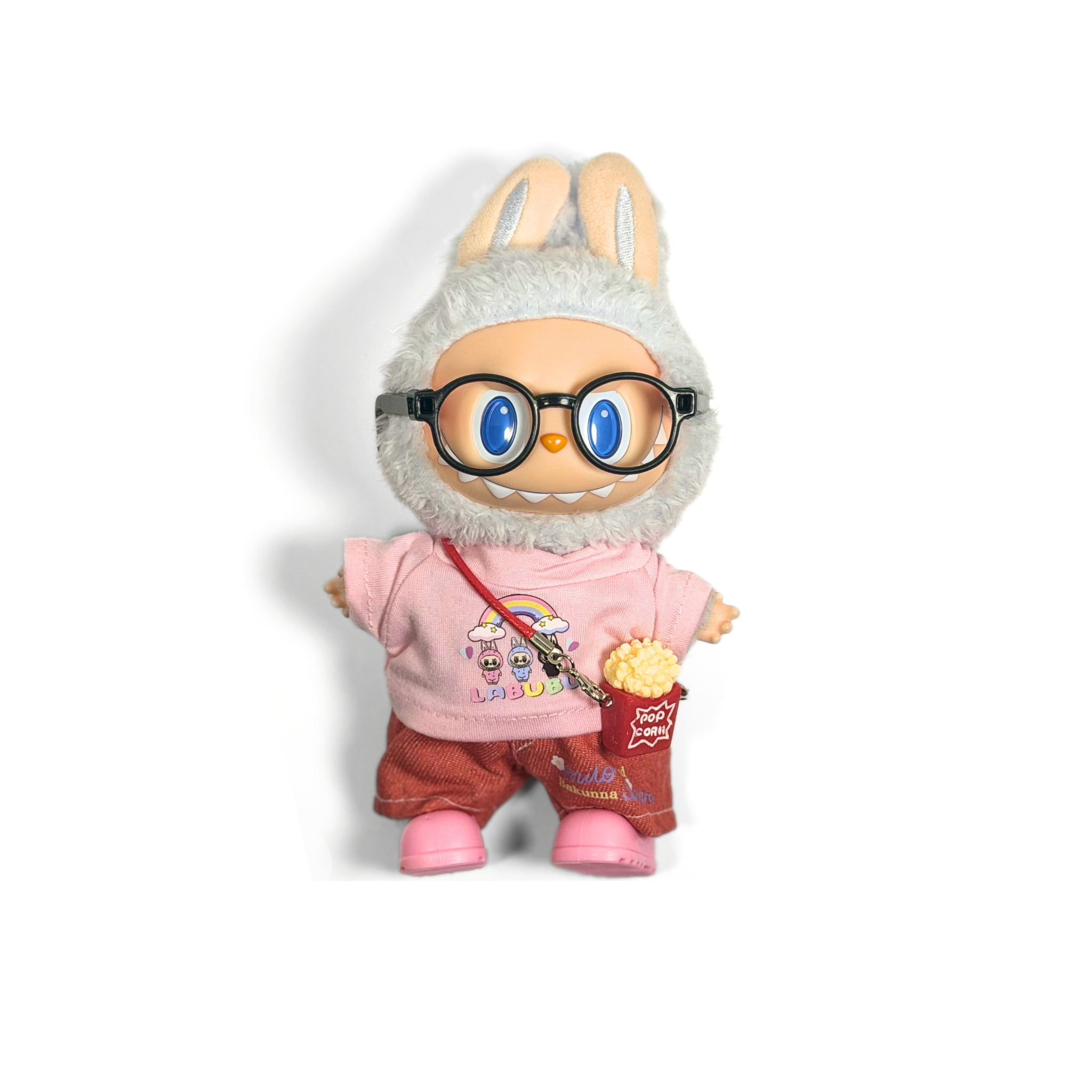 Bubu Outfit: Pink Rainbow Tee and Red Denim Set with Popcorn