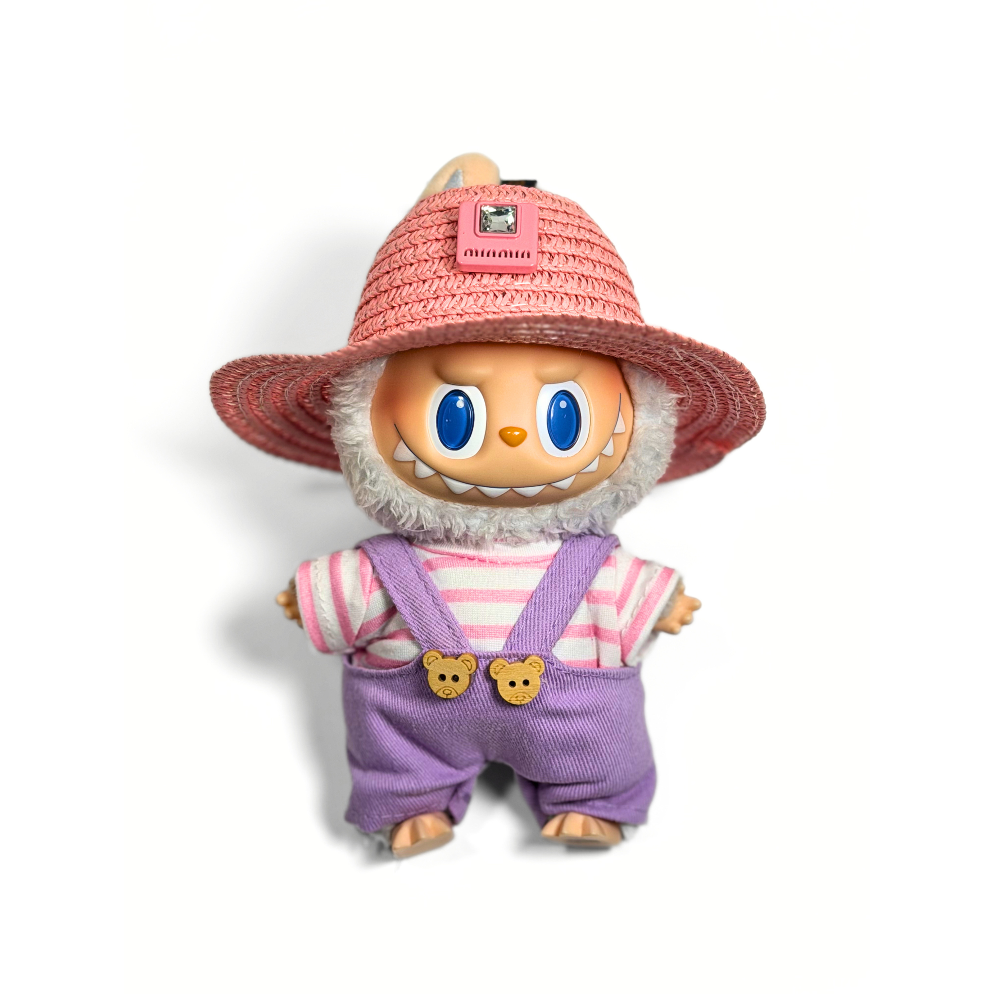 Bubu Pink Straw Hat and Purple Bear Overalls Set