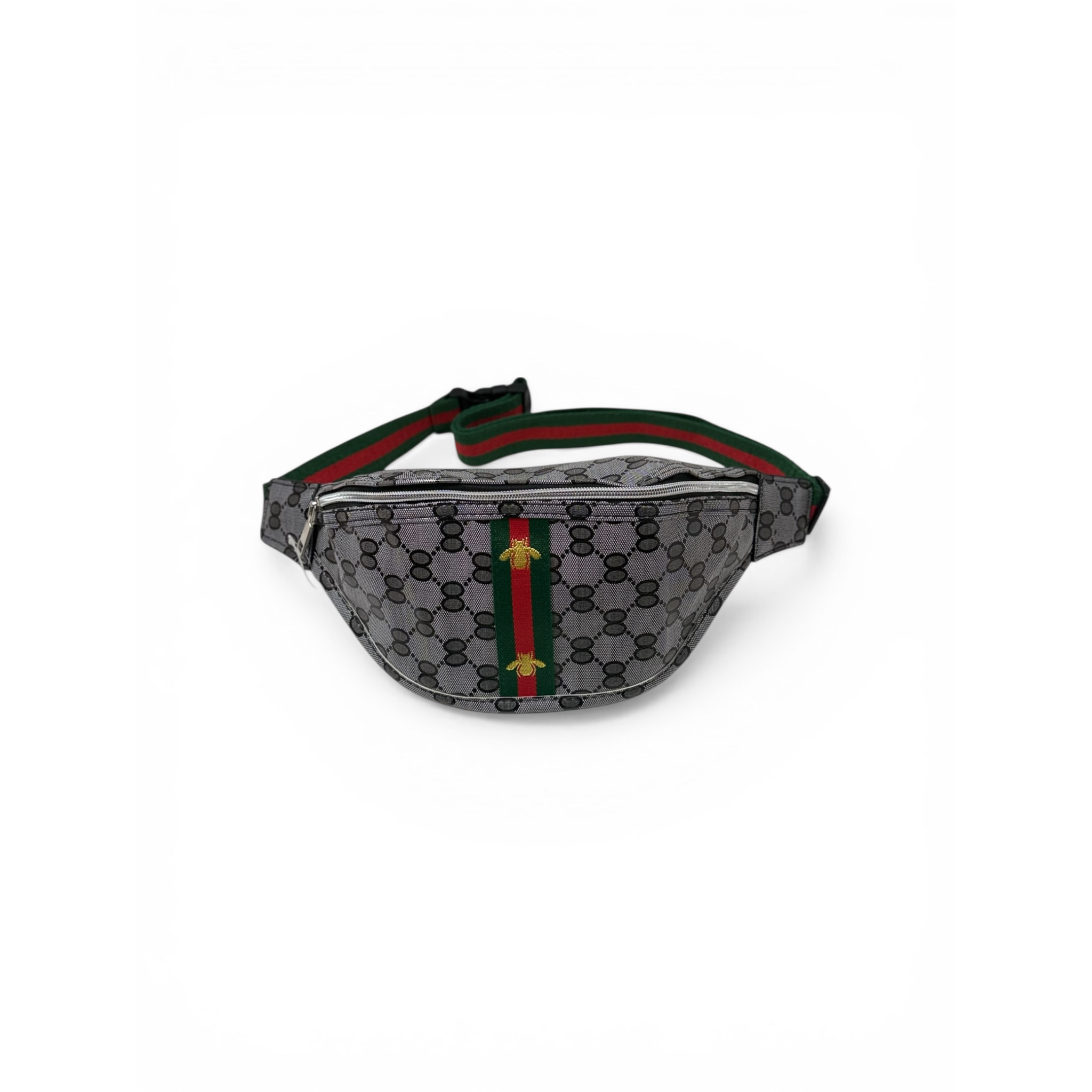 Gray fanny pack with red and green stripes on a white background