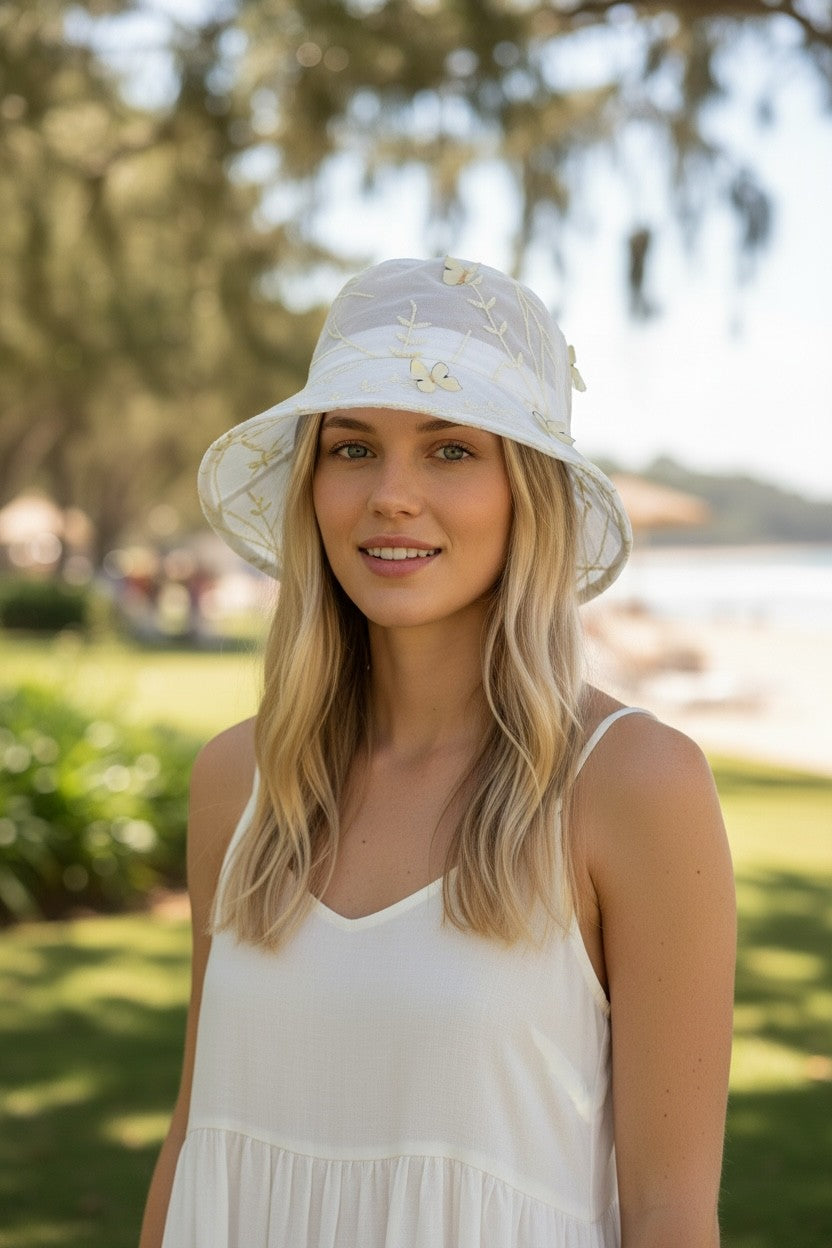 White Bucket Hat With Butterflies