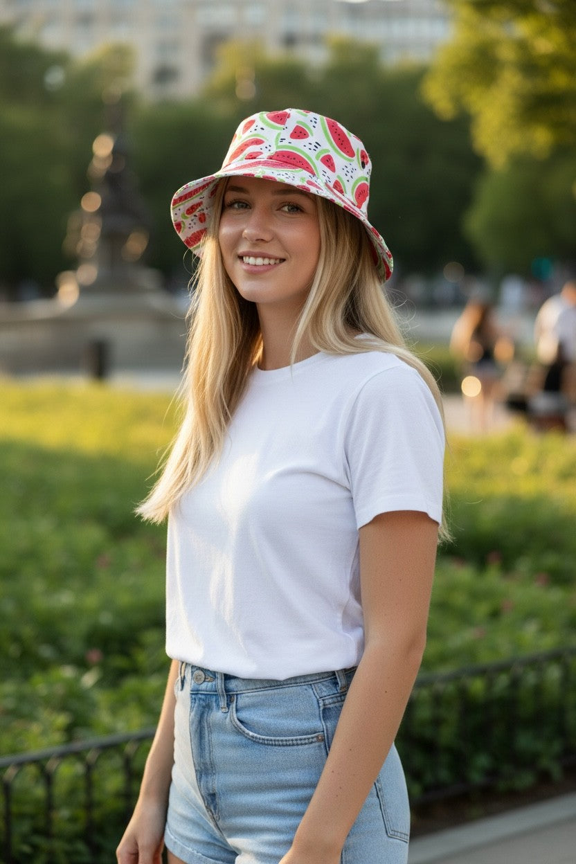 White Bucket Hat with Watermelons