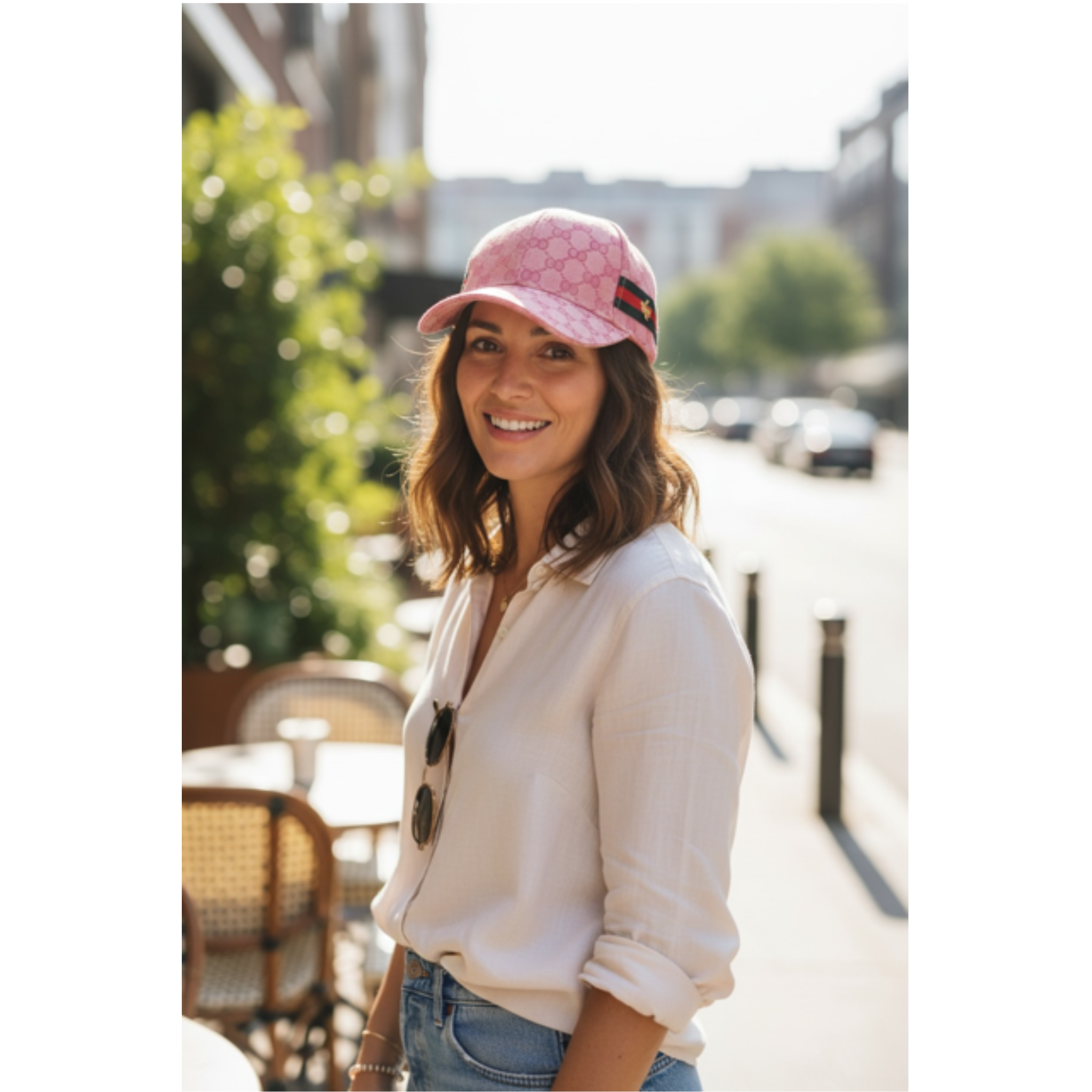 Woman wearing a pink cap with a logo on the side of the cap, standing outdoors. the logo consist of on red stripe in the center with two green stripes on each side. Over the stripes is a yellow embroider small bee
