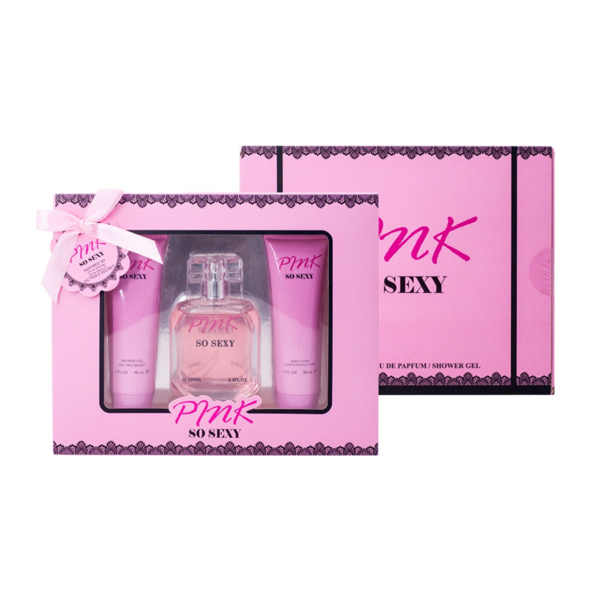 Pink 'SO SEXY' perfume set with packaging on a white background. This perfume gift set is from ebc collection.