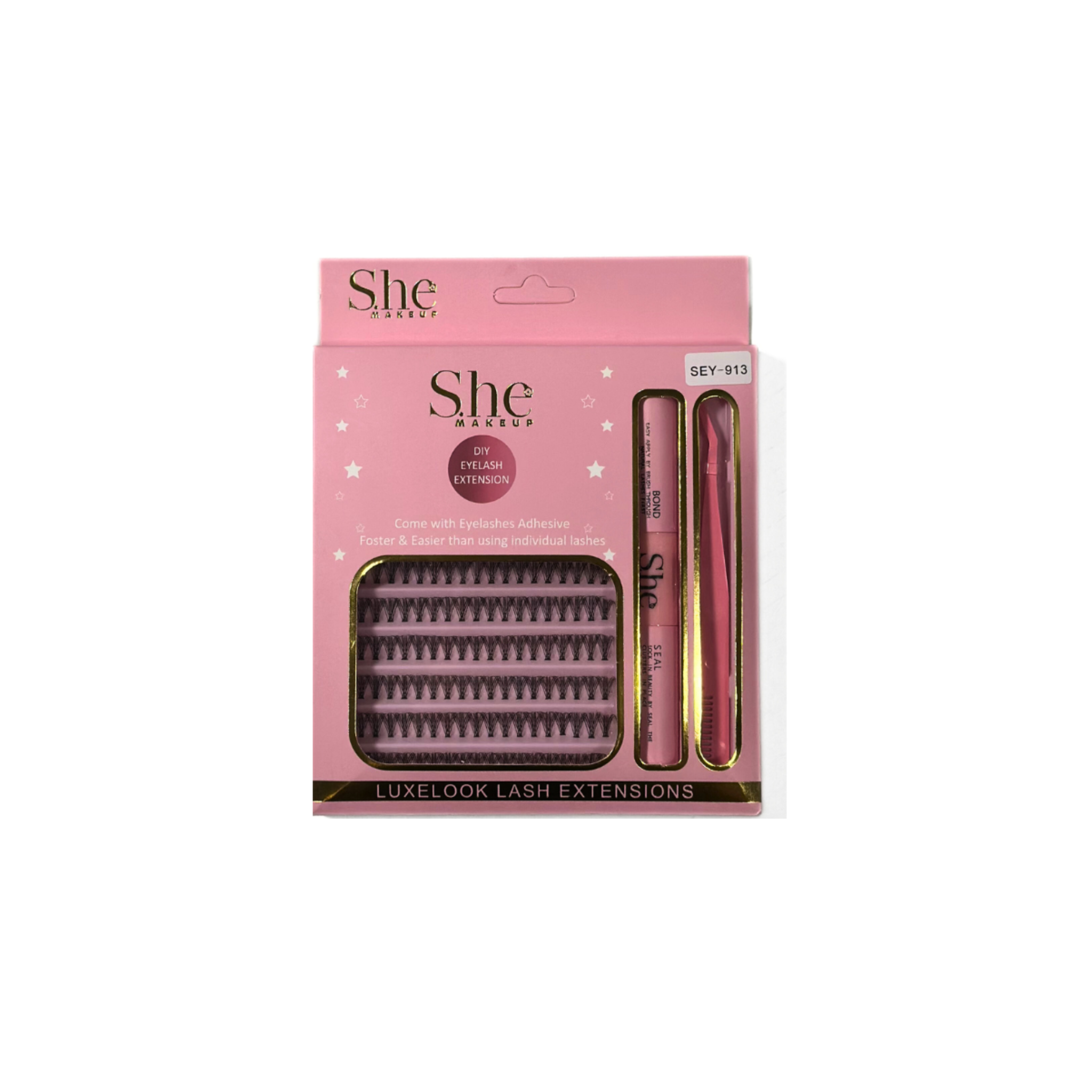 She LuxeLook Lash Extensions packaging with pink background